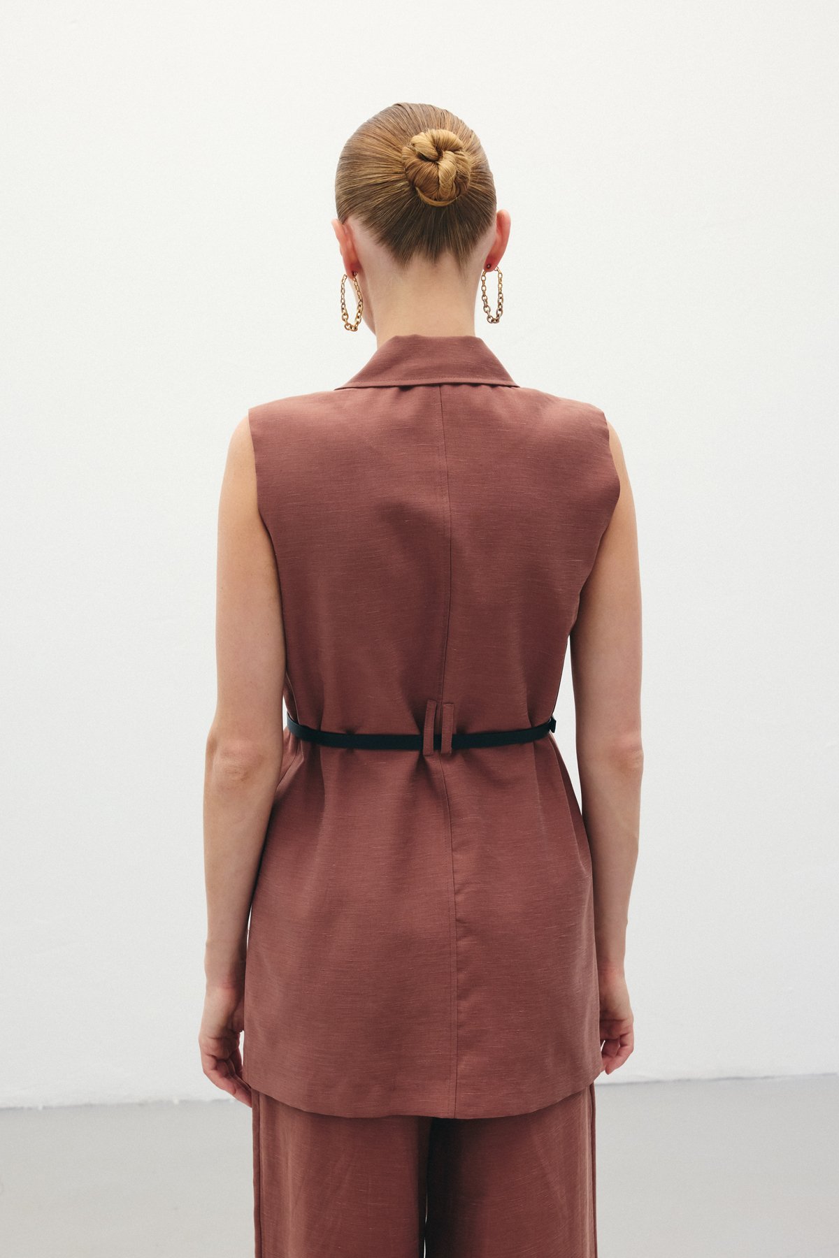 Kemerli Keten Yelek - Kahve