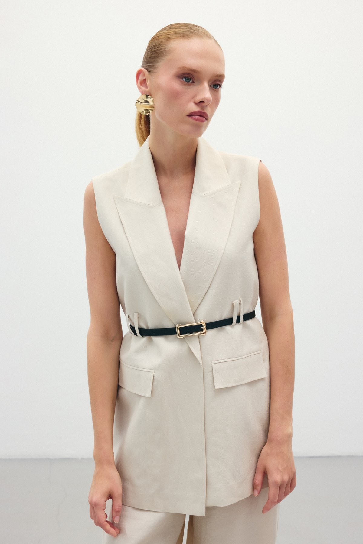 Kemerli Keten Yelek - Taş