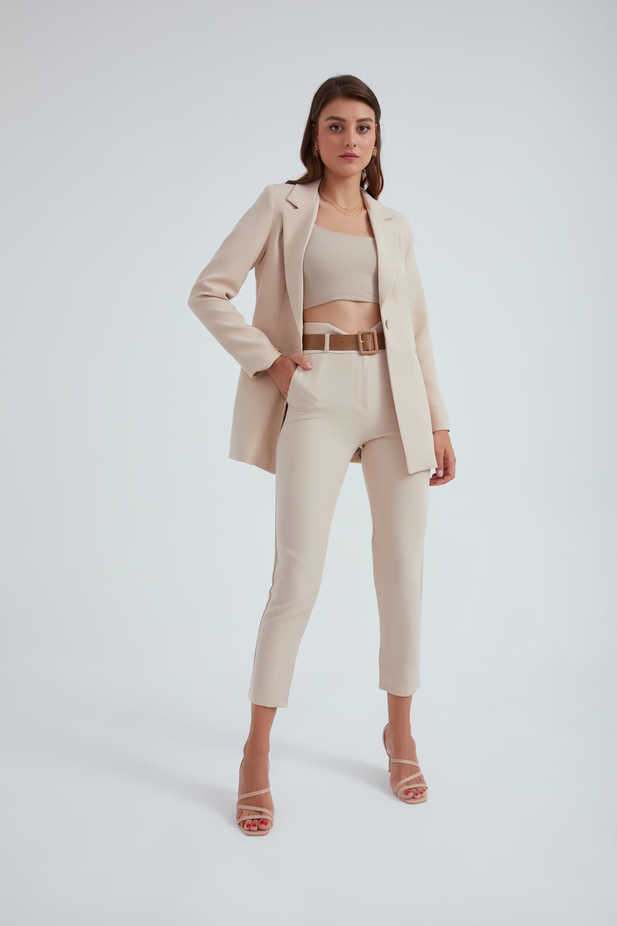 Kemerli klasik pantolon - BEJ
