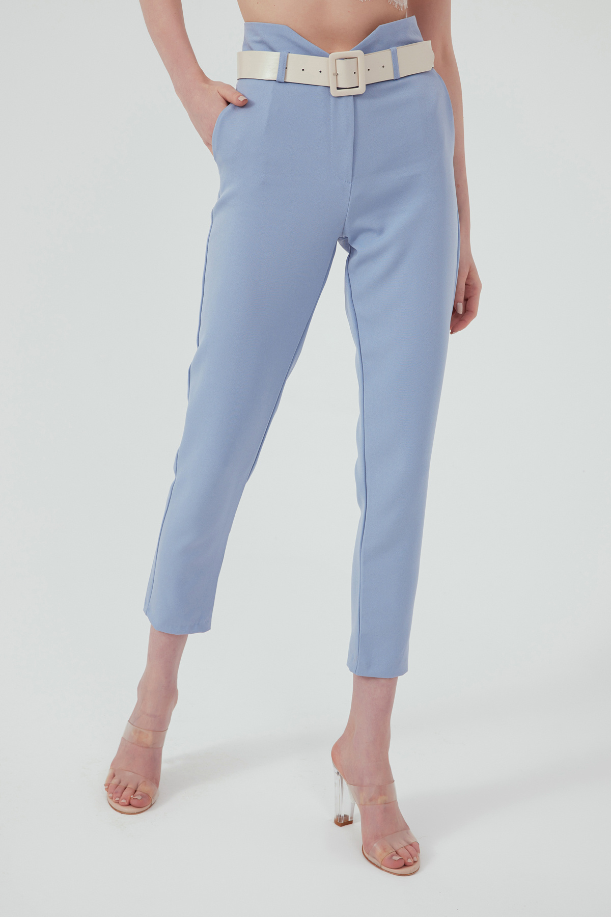 Kemerli klasik pantolon - MAVİ