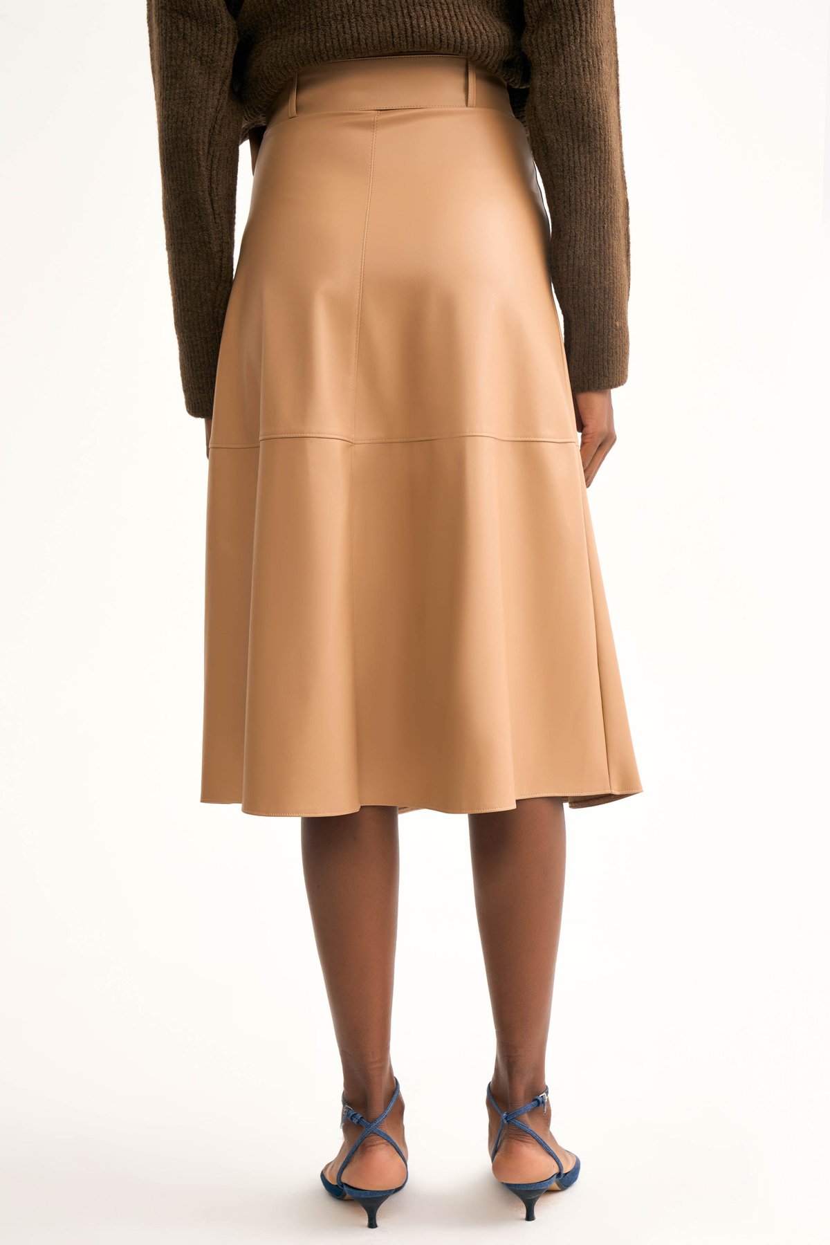 Kemerli kloş deri etek - BEJ