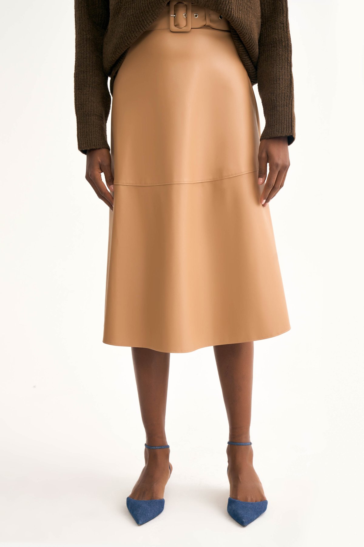 Kemerli kloş deri etek - BEJ