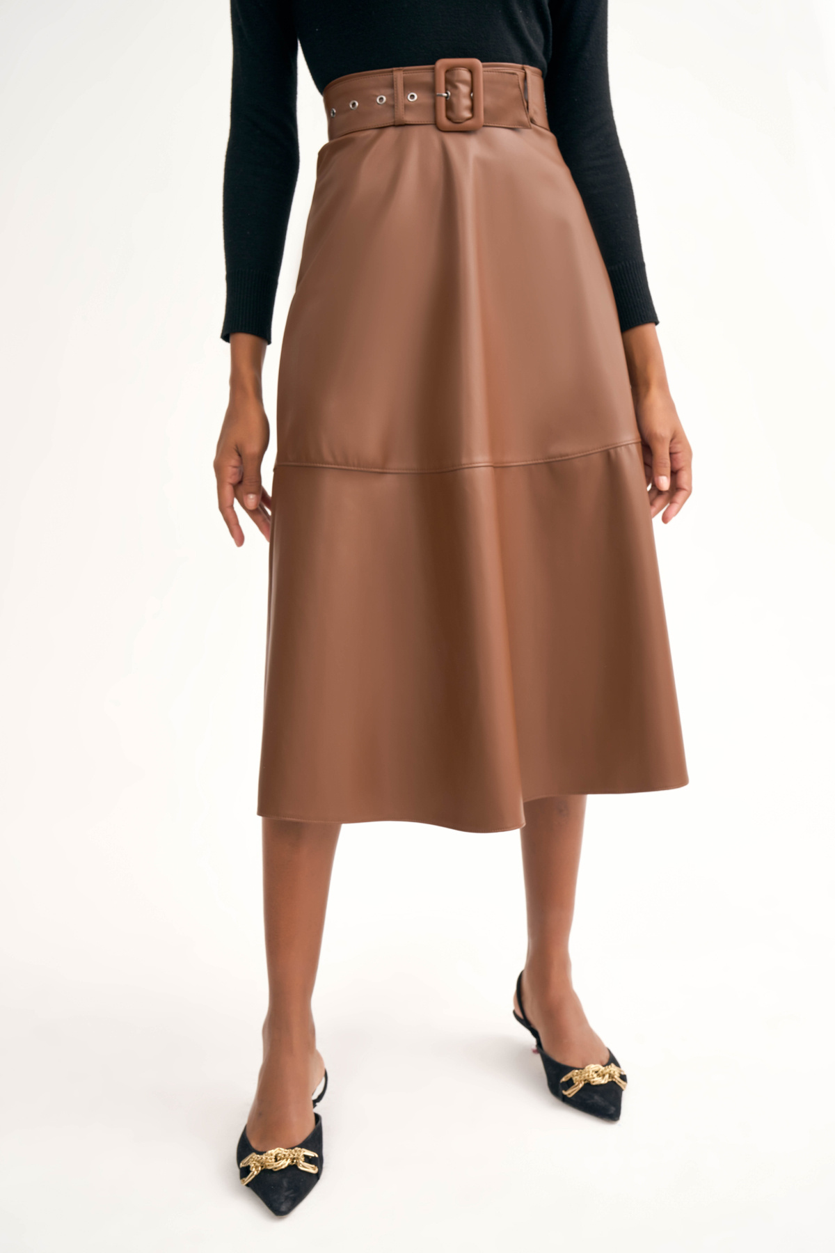 Kemerli kloş deri etek - KAHVE