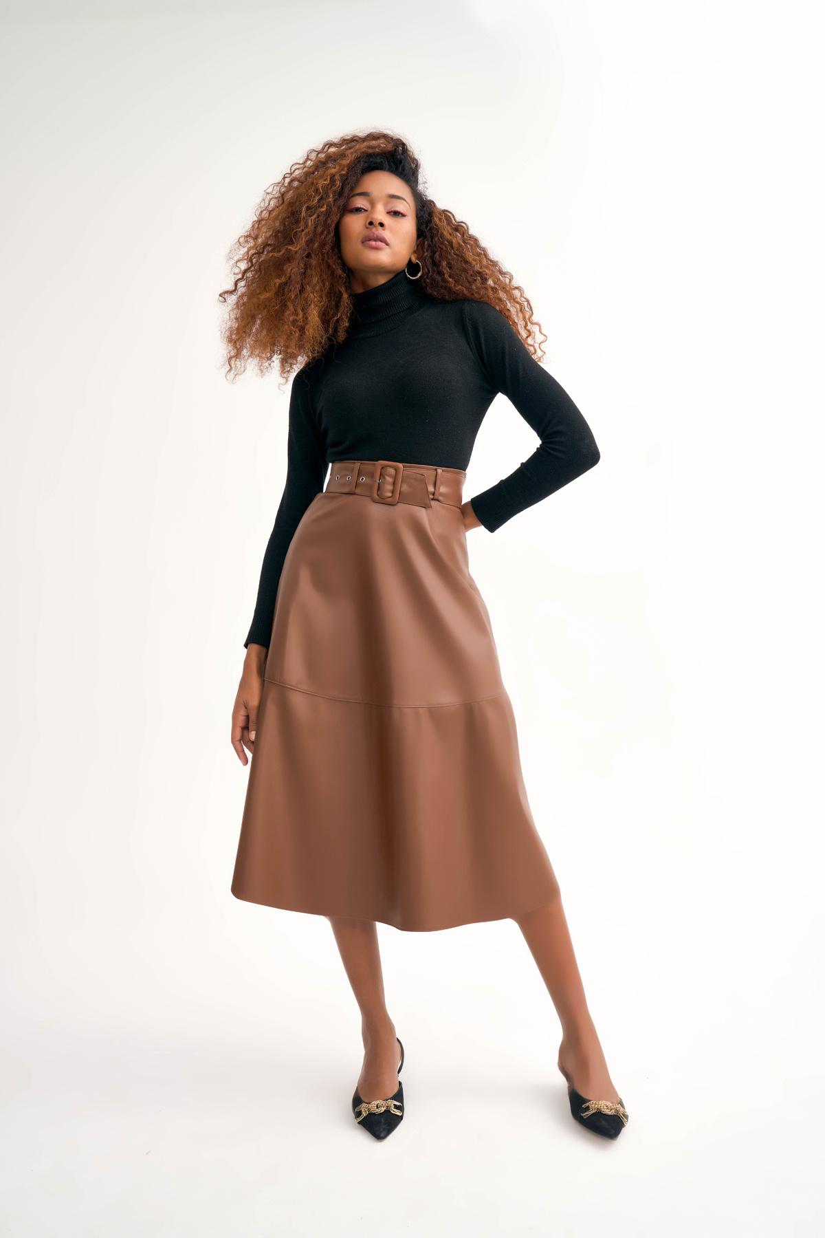 Kemerli kloş deri etek - KAHVE