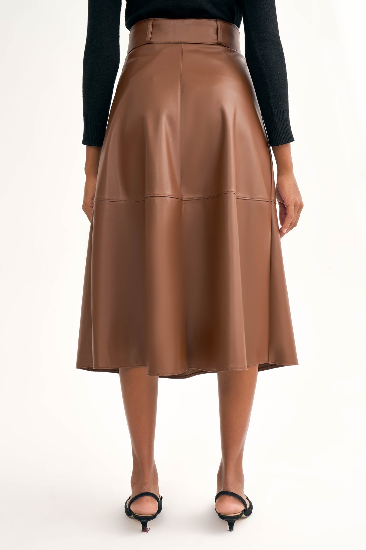 Kemerli kloş deri etek - KAHVE