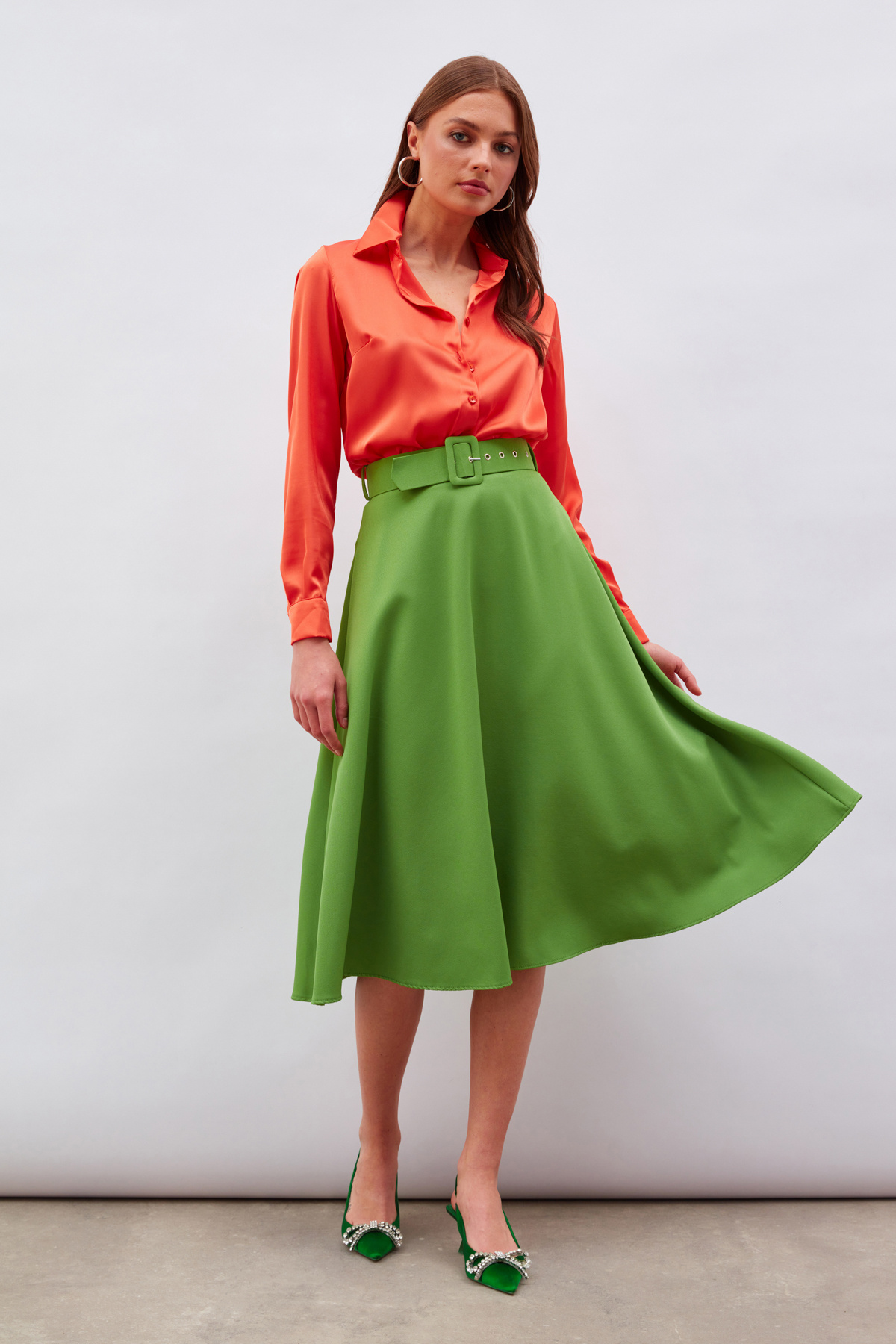 Kemerli kloş etek - AÇIK YEŞİL