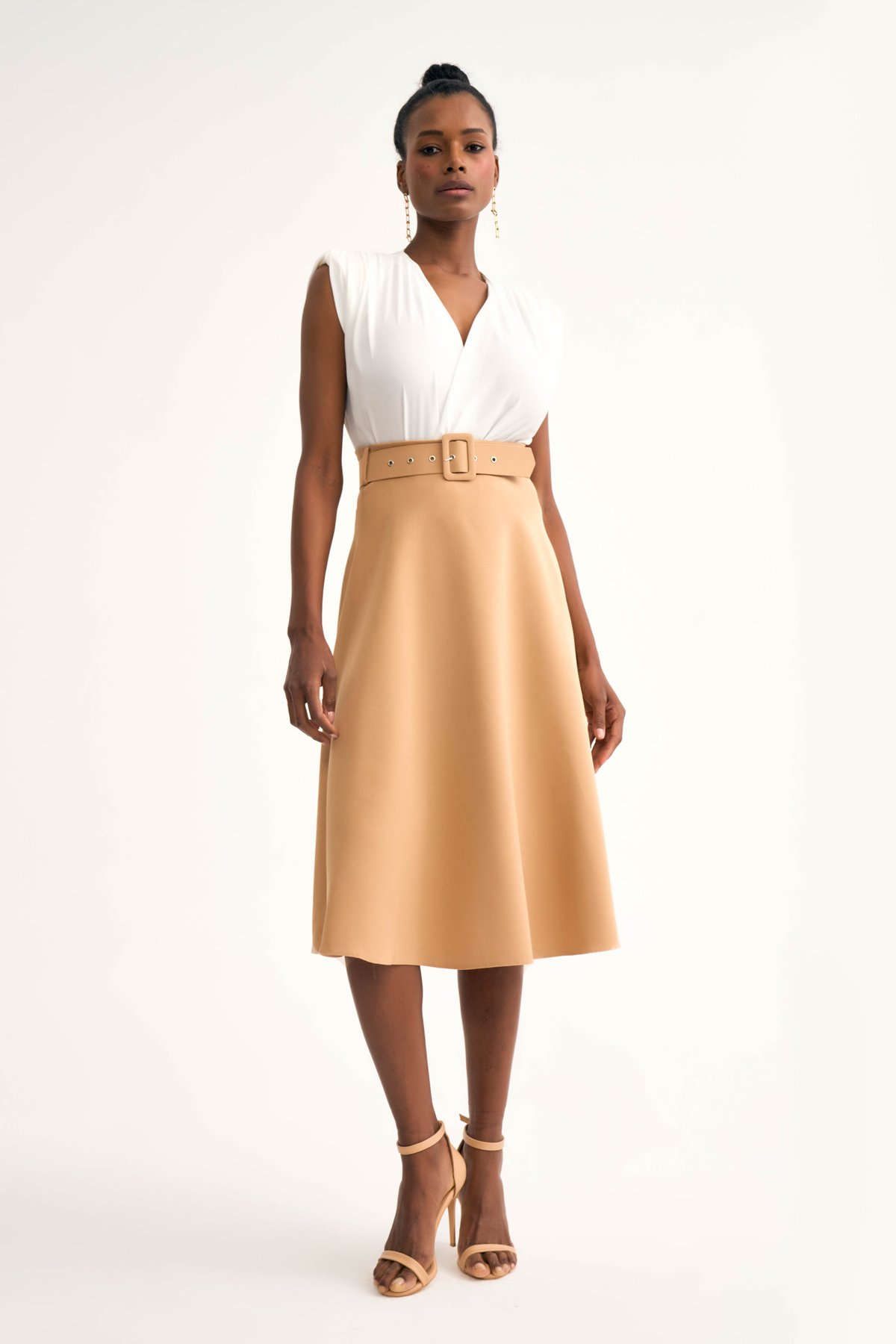 Kemerli kloş etek - BEJ