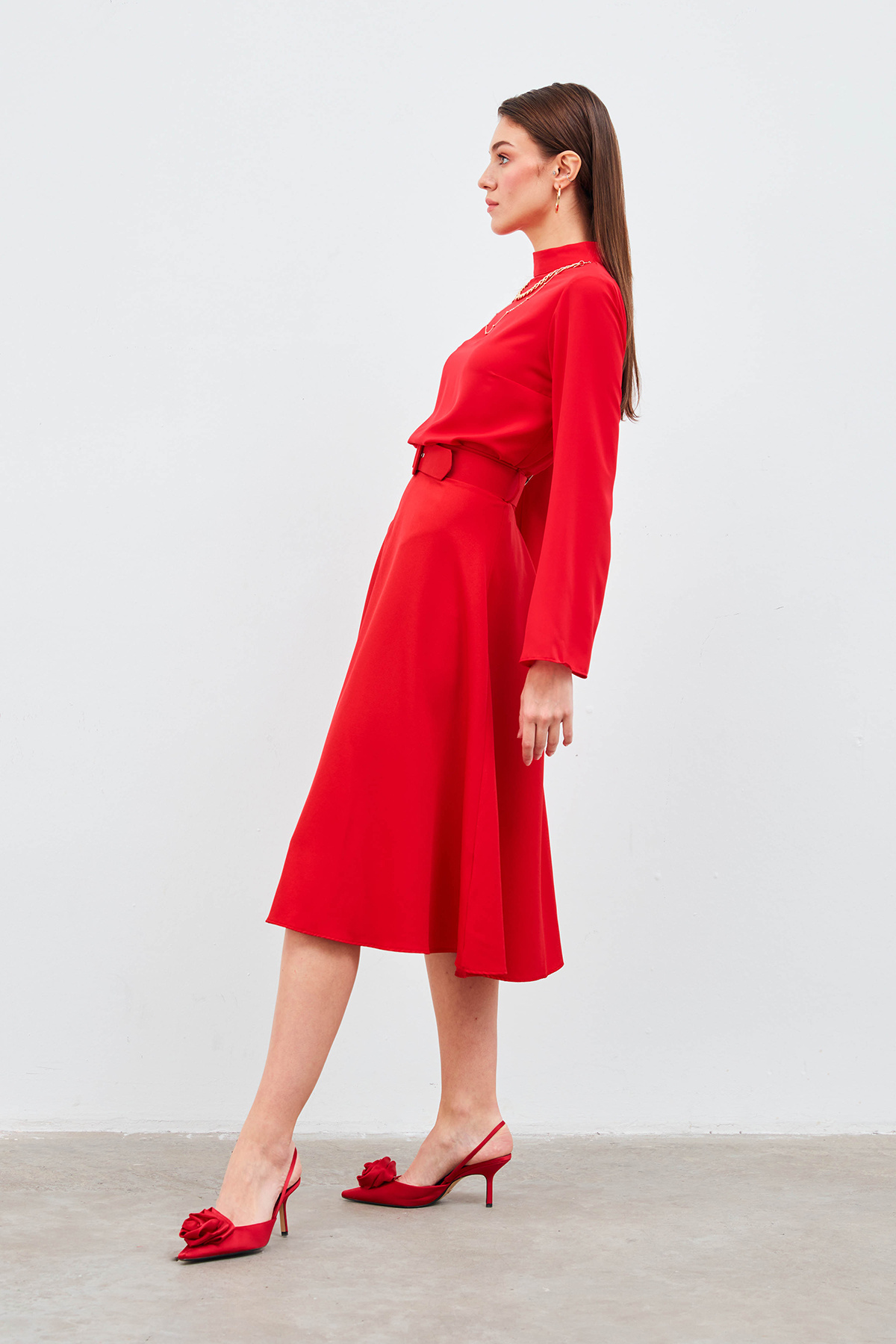 Kemerli kloş etek - KIRMIZI