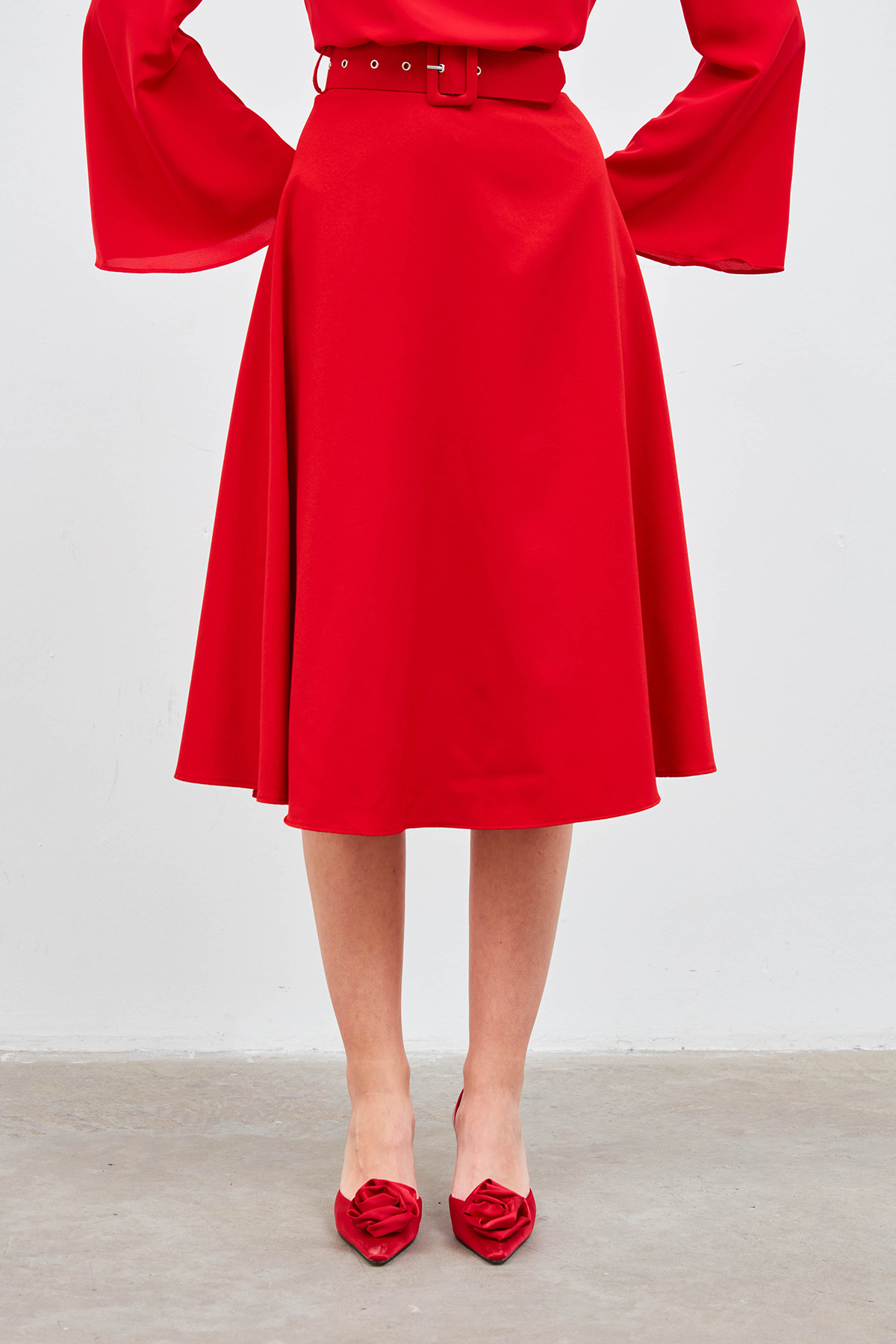 Kemerli kloş etek - KIRMIZI