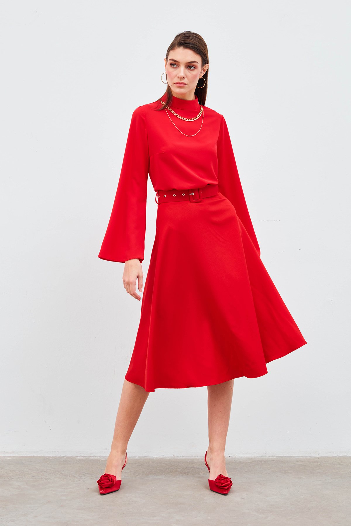 Kemerli kloş etek - KIRMIZI