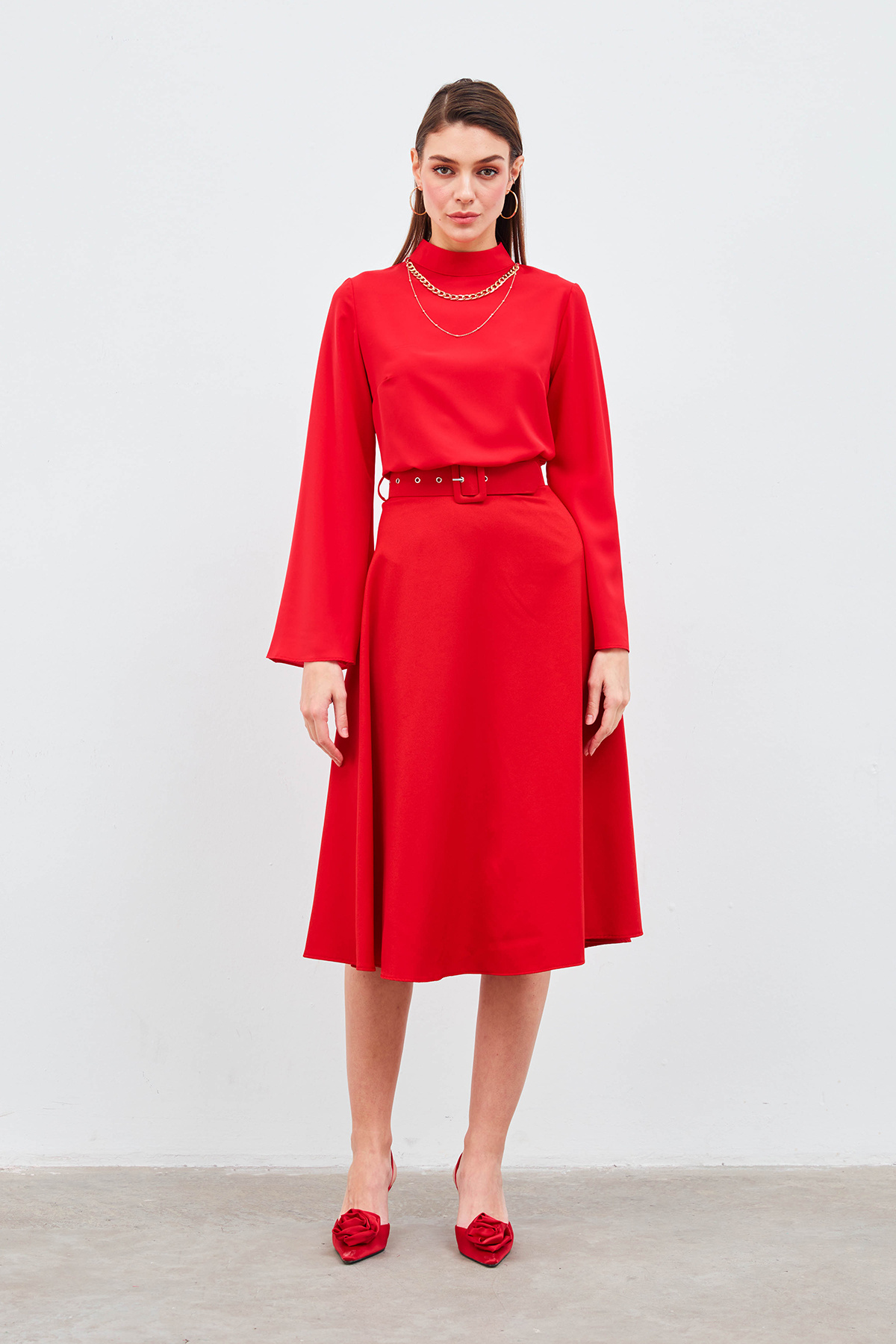 Kemerli kloş etek - KIRMIZI