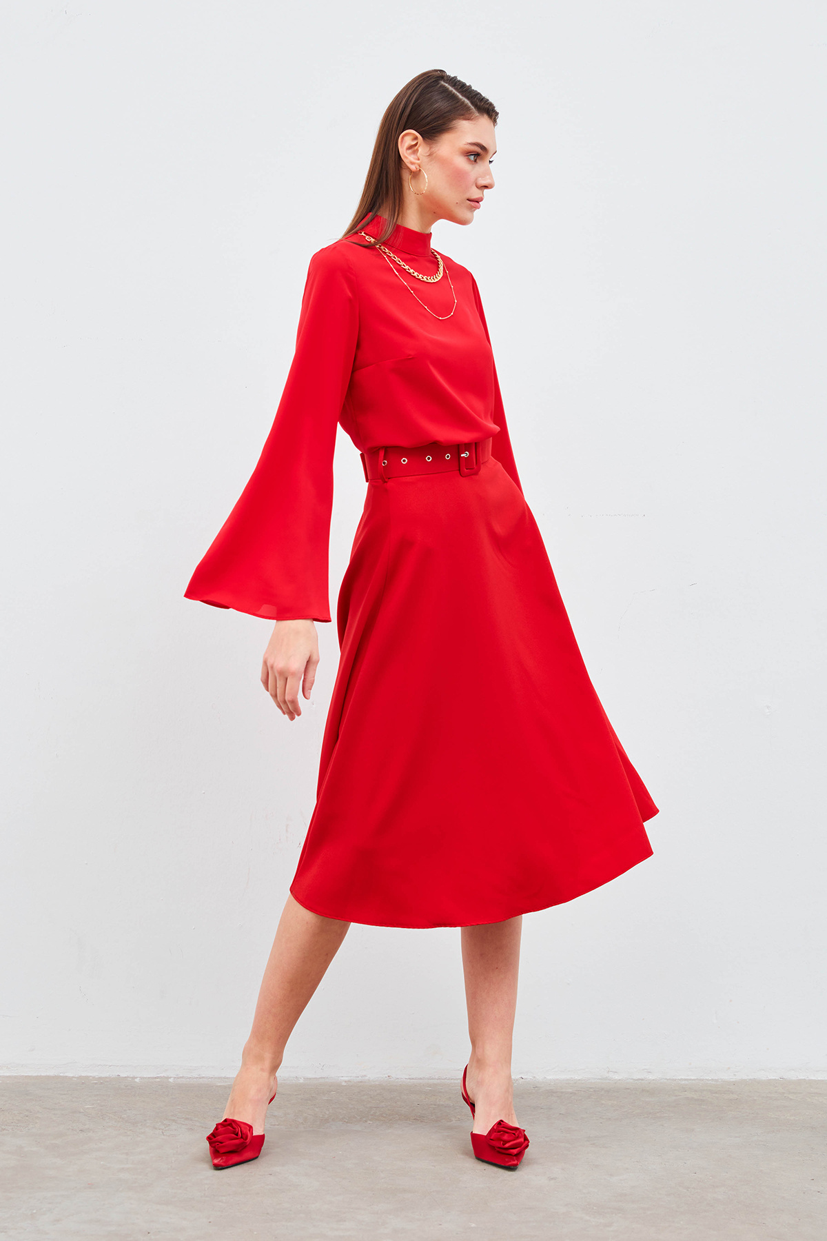 Kemerli kloş etek - KIRMIZI