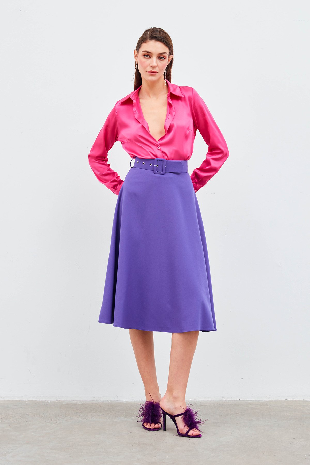 Kemerli kloş etek - MOR