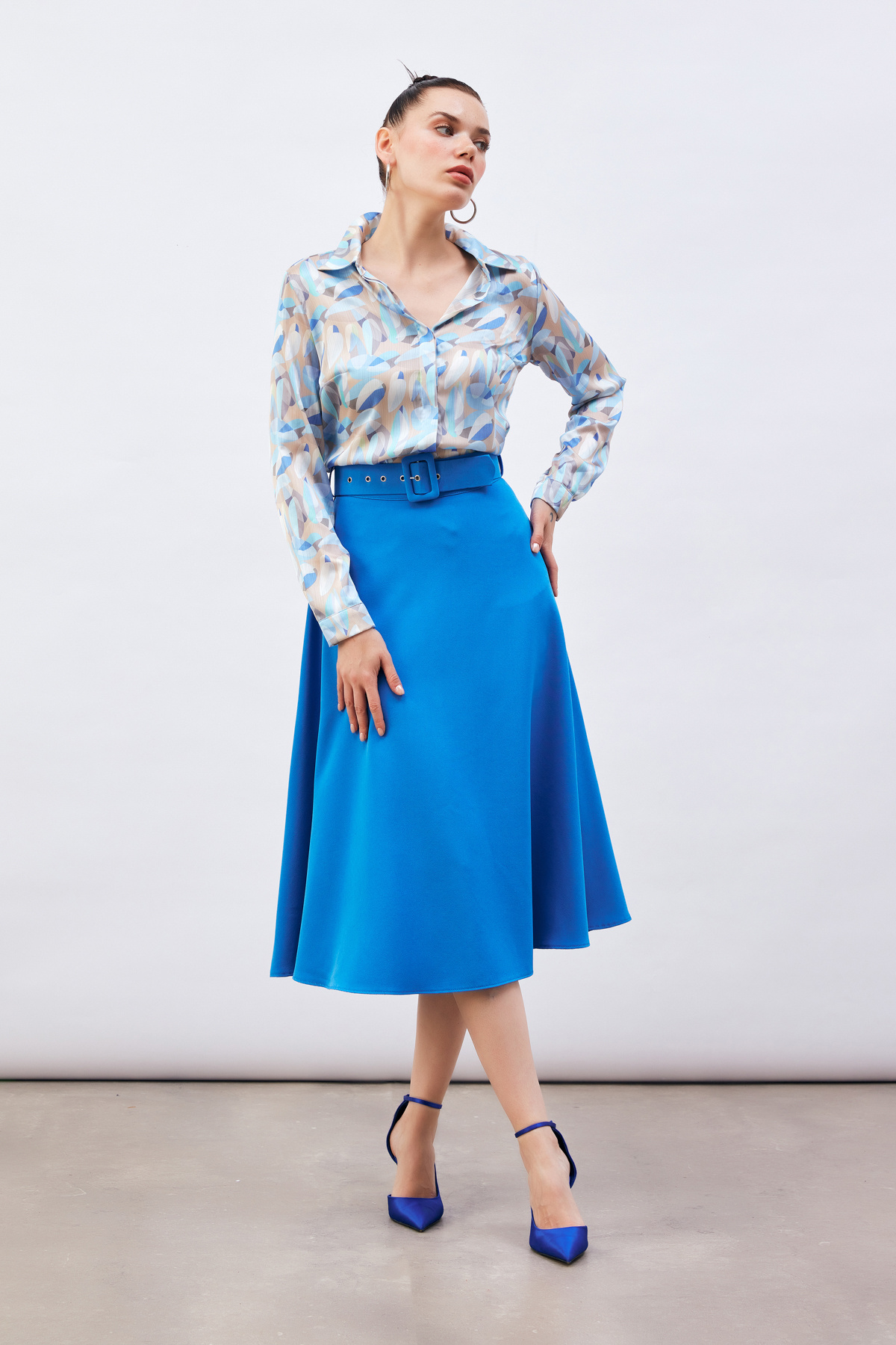 Kemerli kloş etek - SAX MAVİ