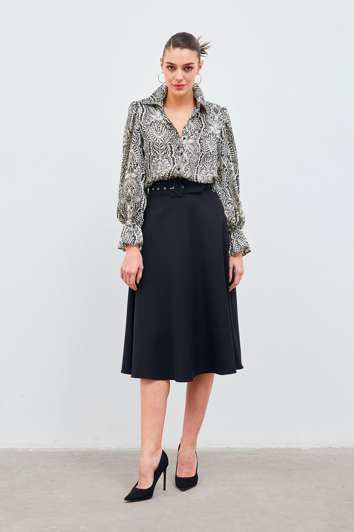 Kemerli kloş etek - SİYAH