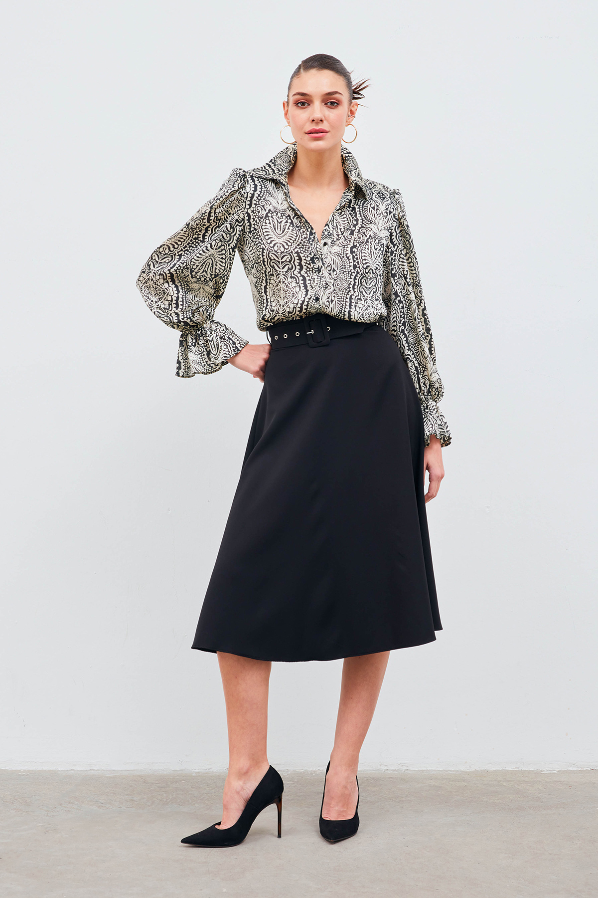 Kemerli kloş etek - SİYAH