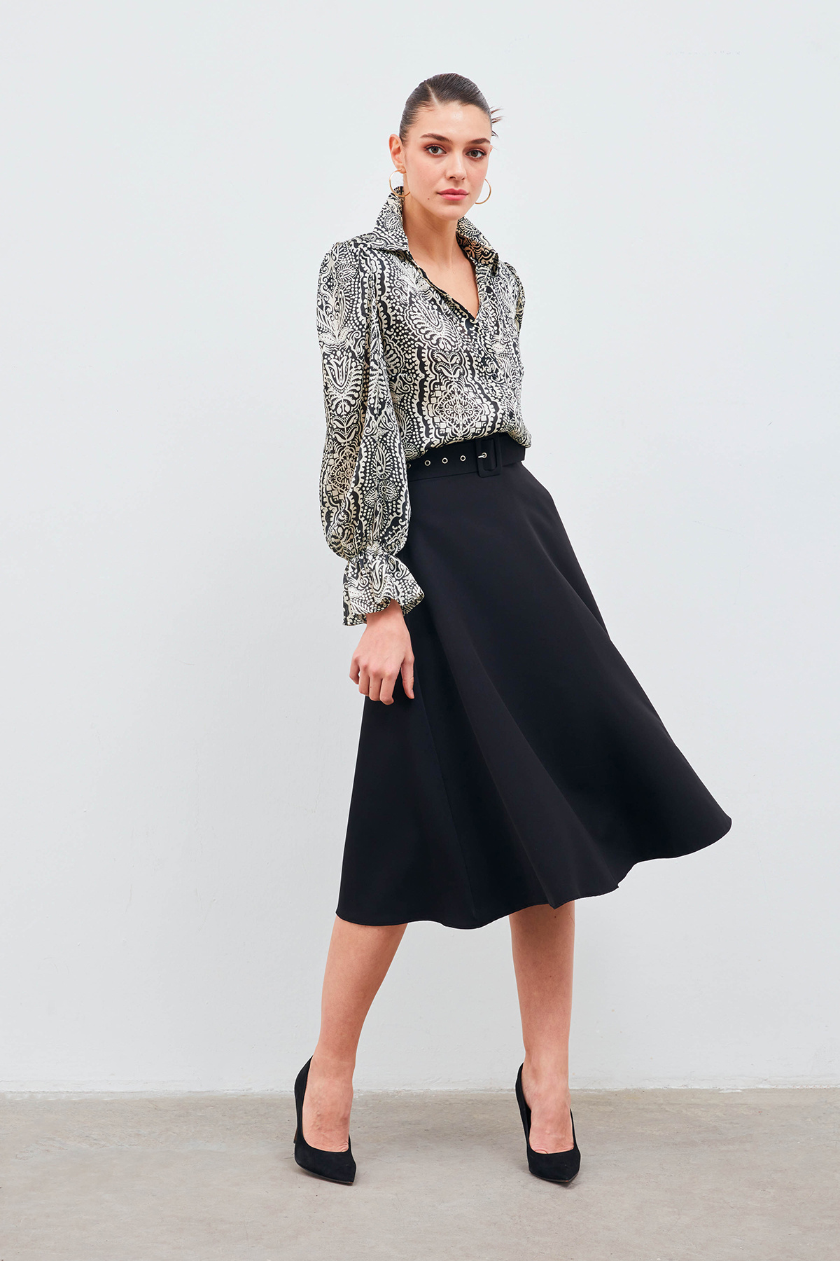 Kemerli kloş etek - SİYAH