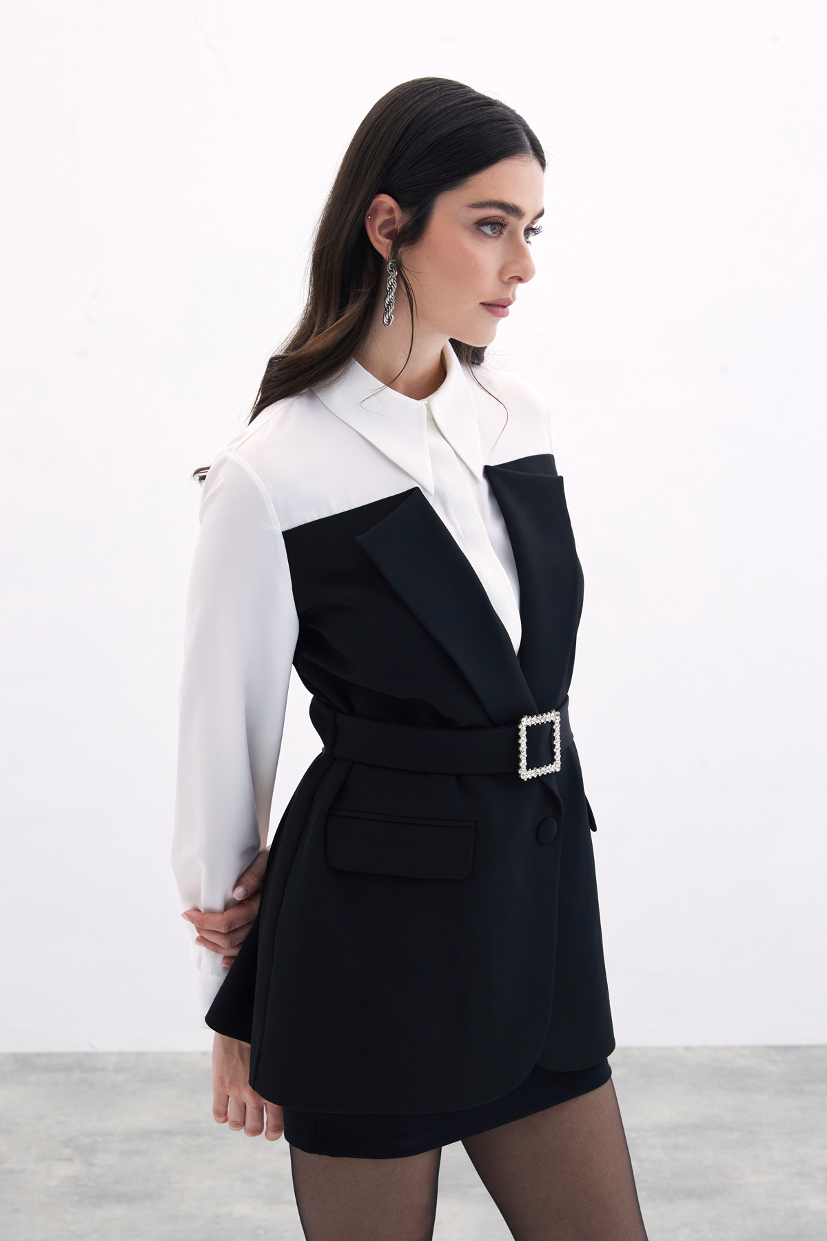 Kemerli Kontrast Gömlek - Ekru