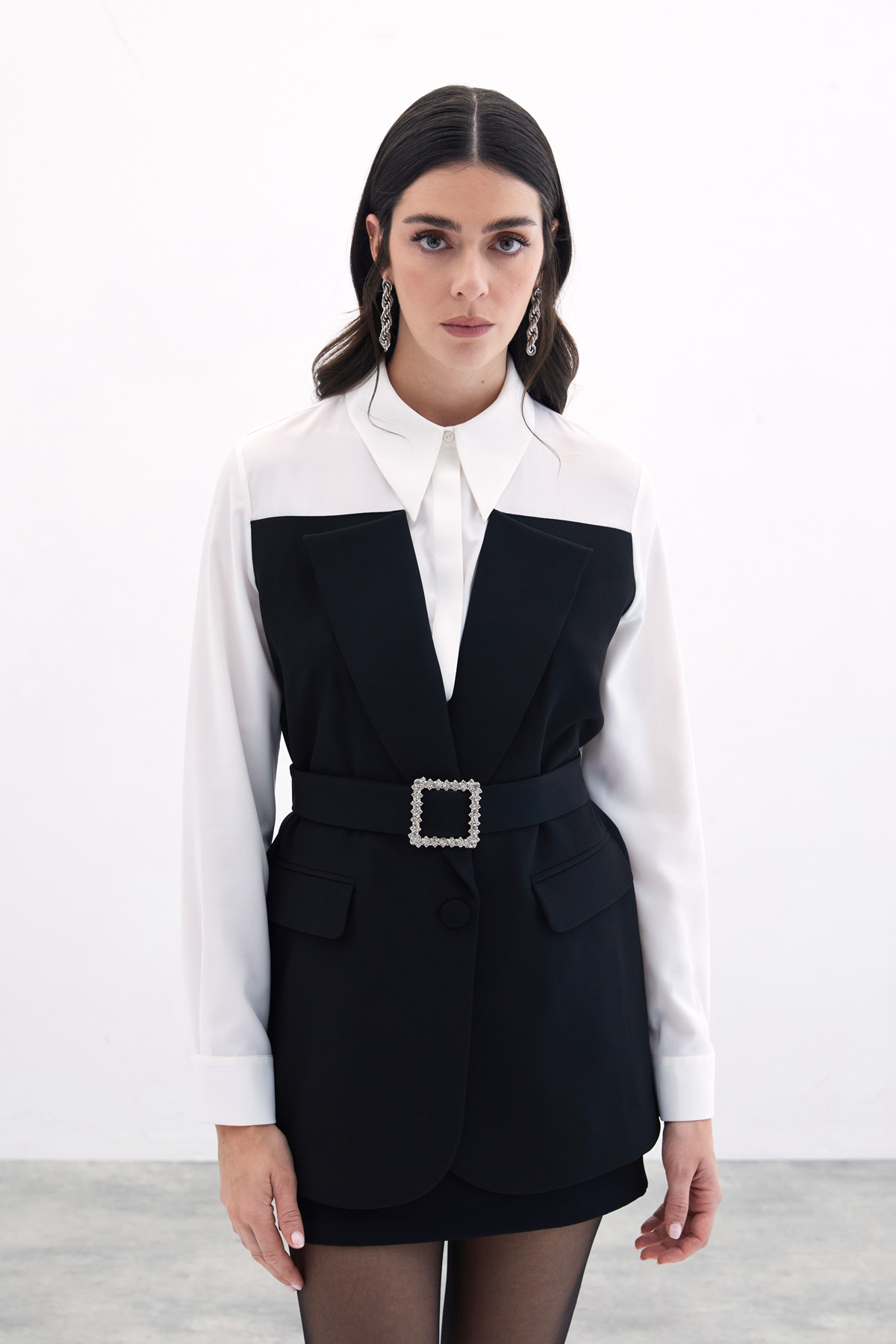 Kemerli Kontrast Gömlek - Ekru