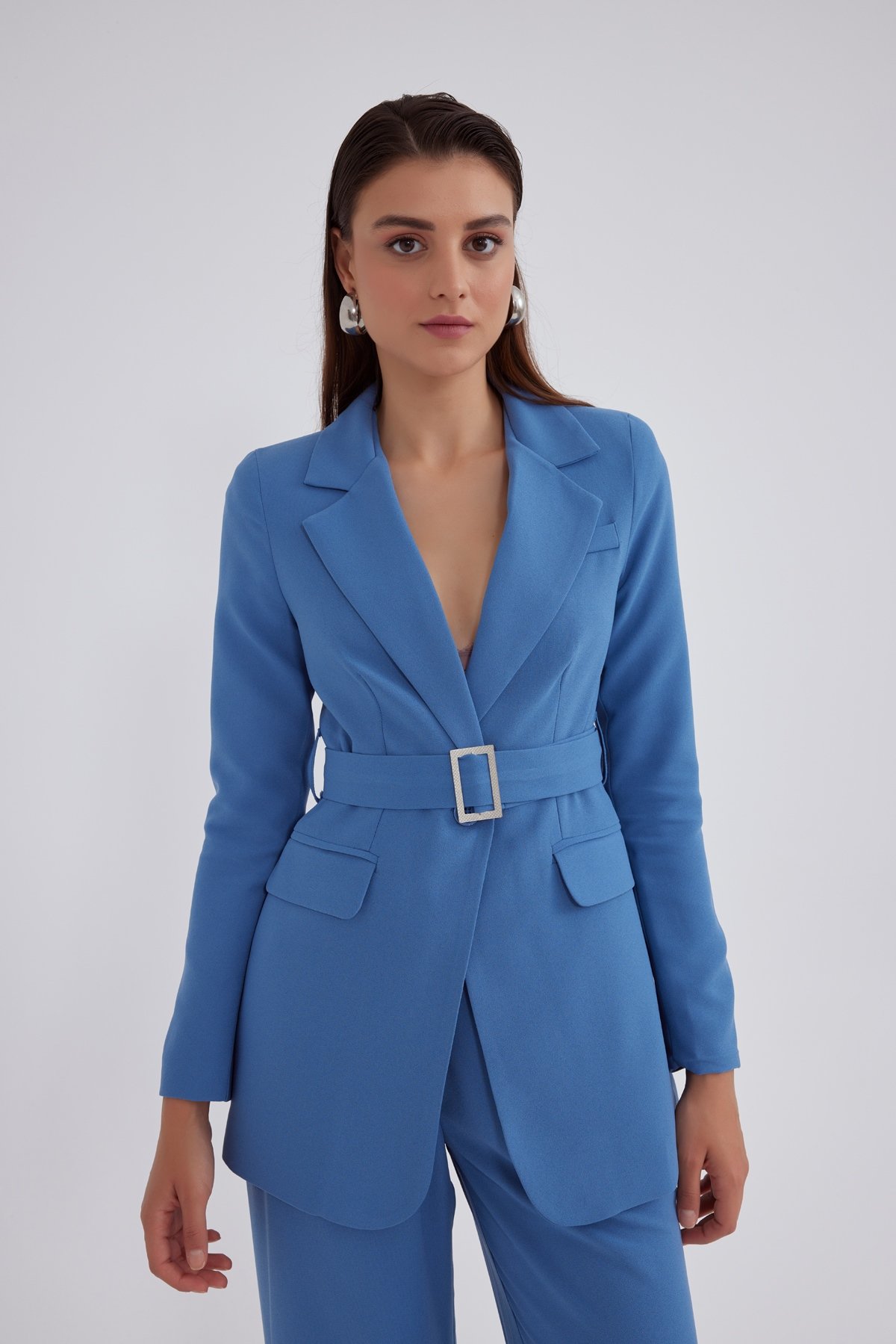 Kemerli krep ceket - MAVİ