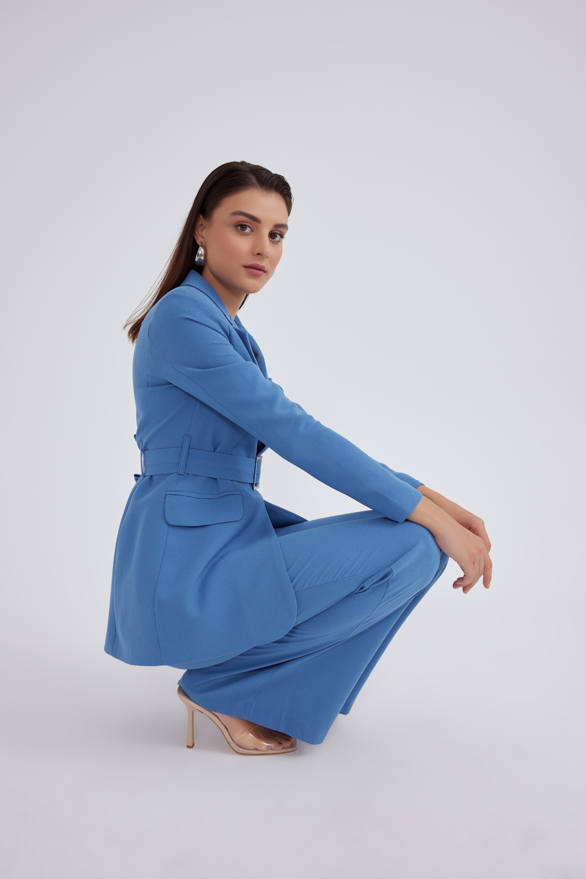 Kemerli krep ceket - MAVİ