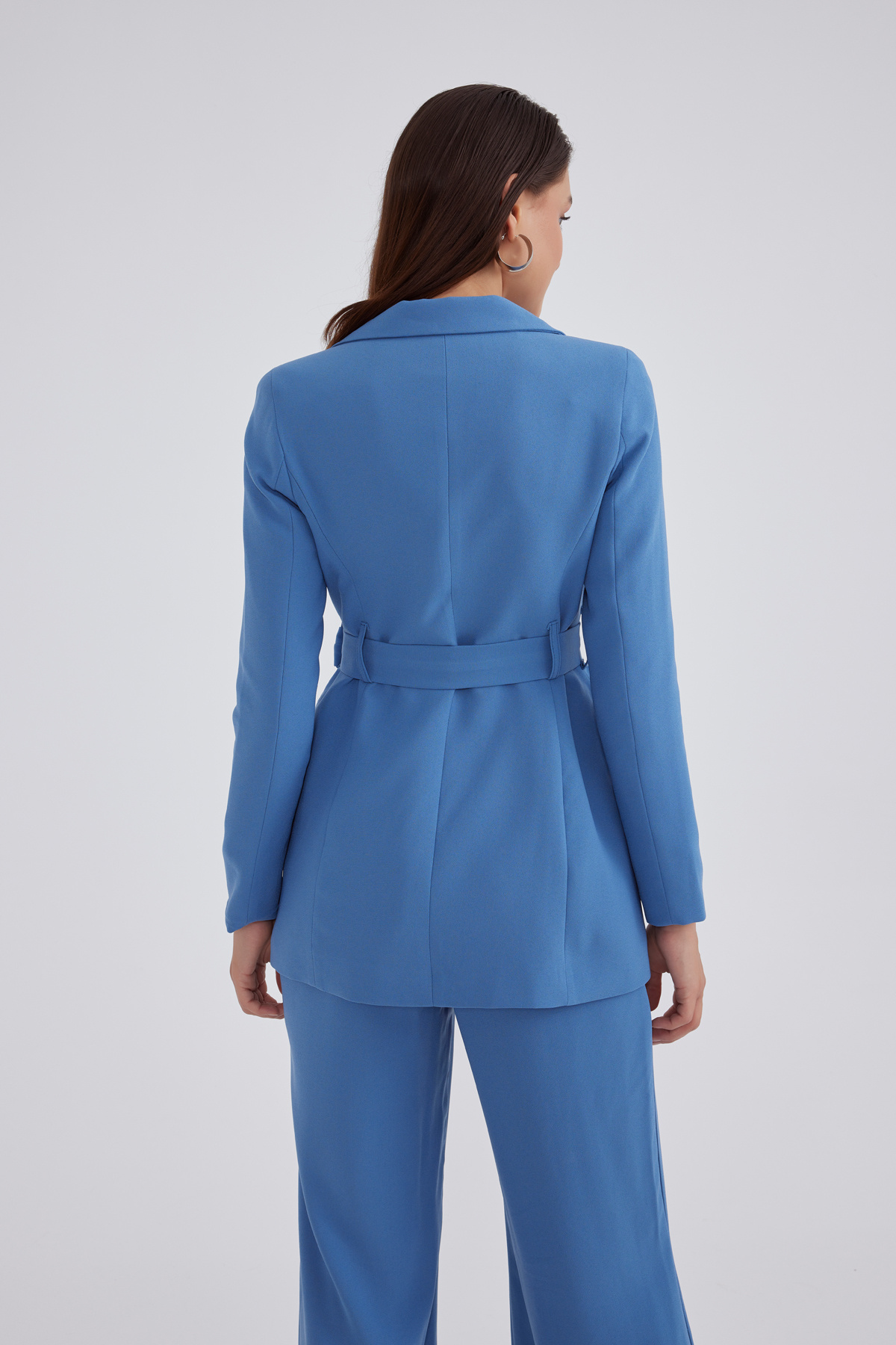 Kemerli krep ceket - MAVİ