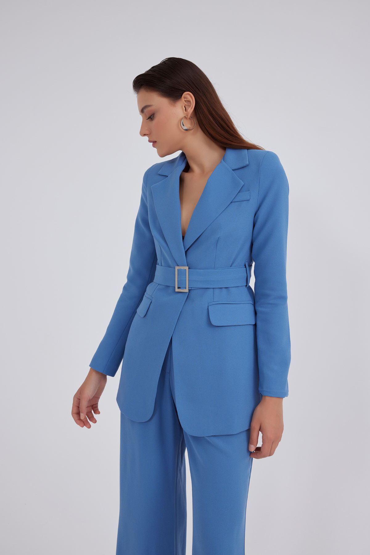 Kemerli krep ceket - MAVİ