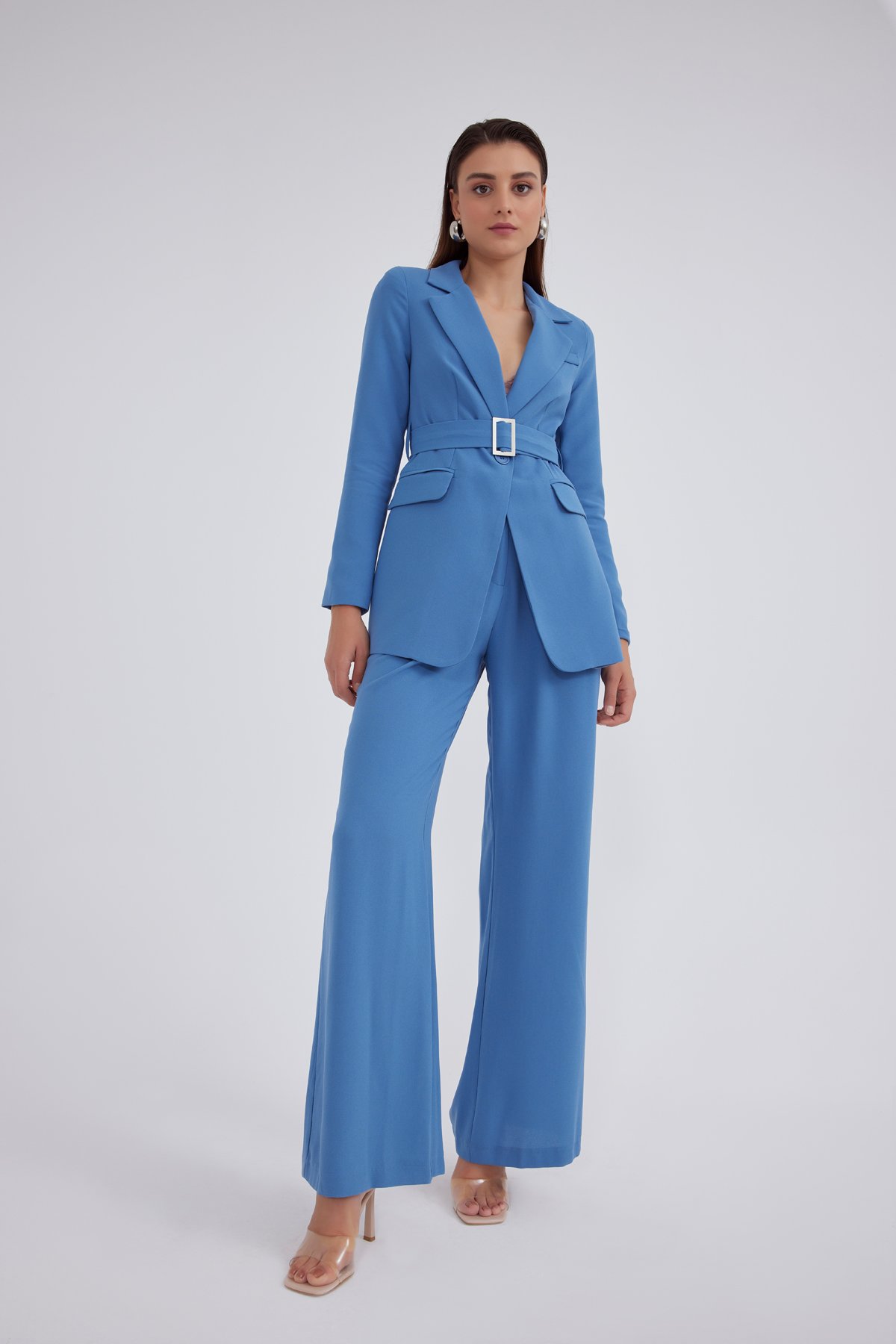 Kemerli krep ceket - MAVİ