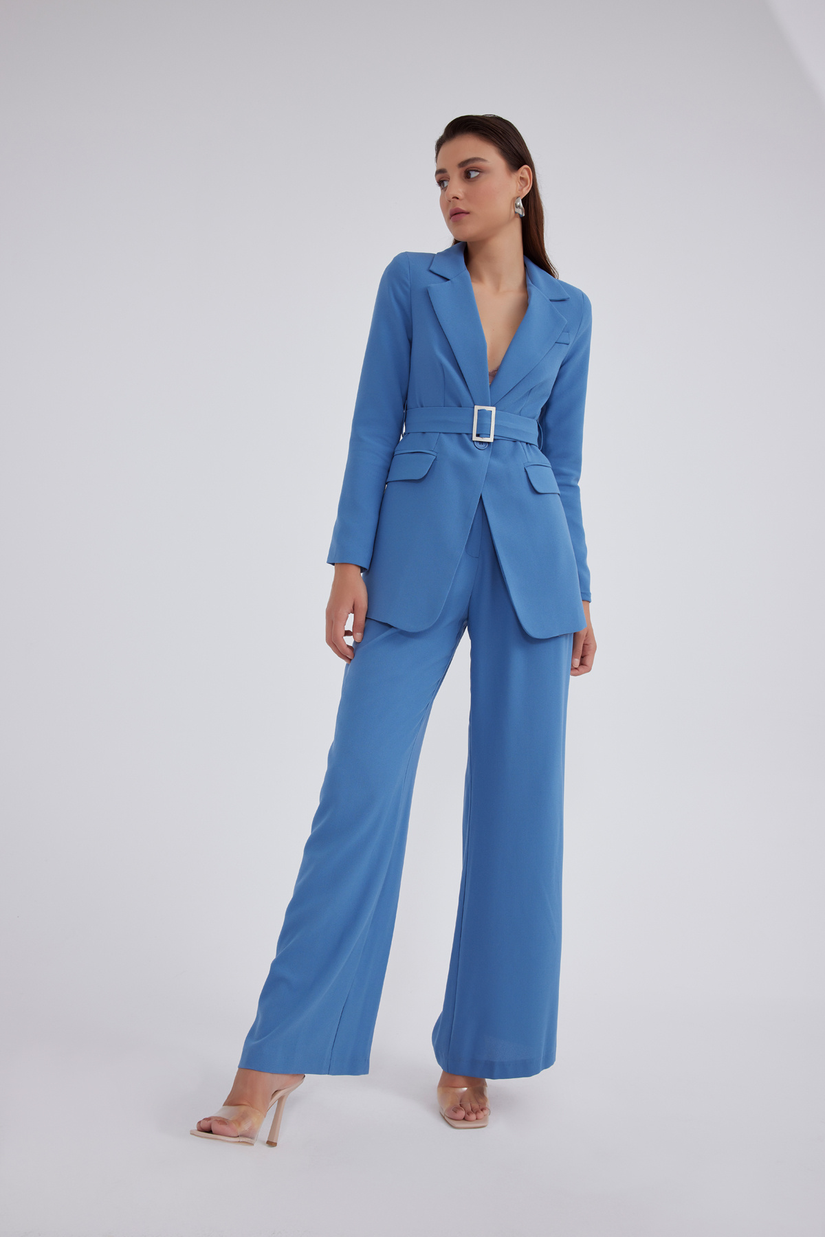 Kemerli krep ceket - MAVİ