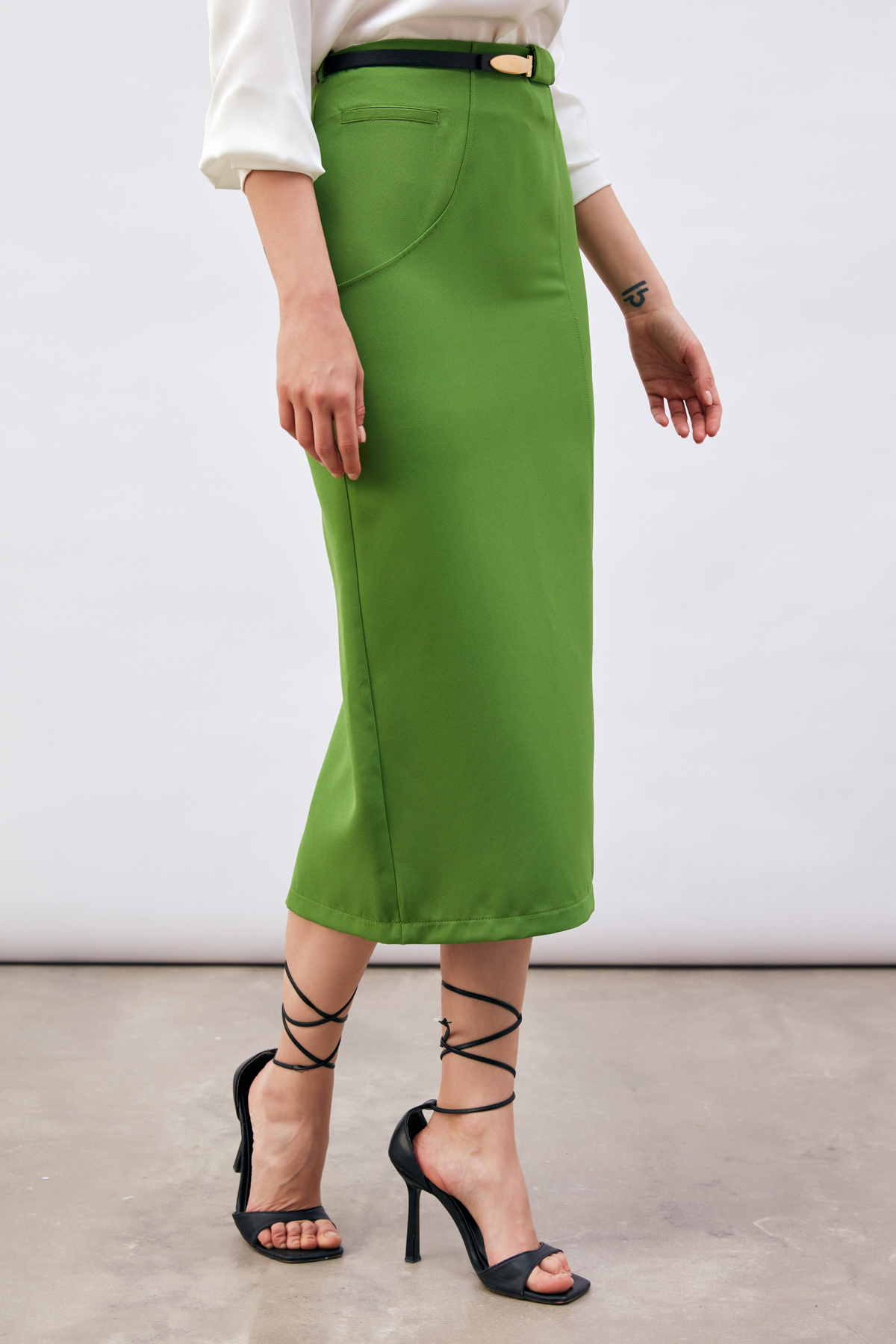 Kemerli Midi Boy Kalem Etek - AÇIK YEŞİL