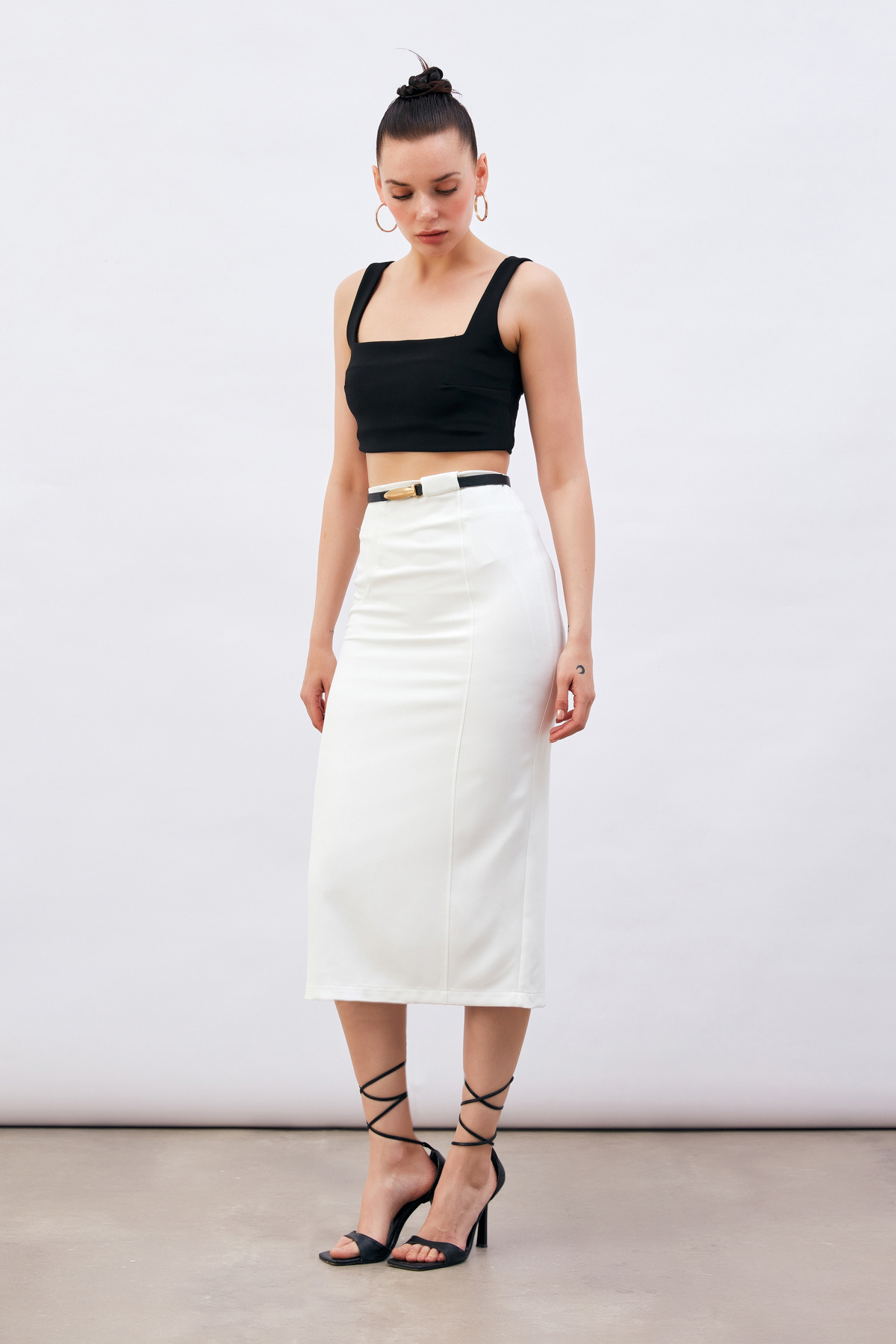 Kemerli Midi Boy Kalem Etek - EKRU