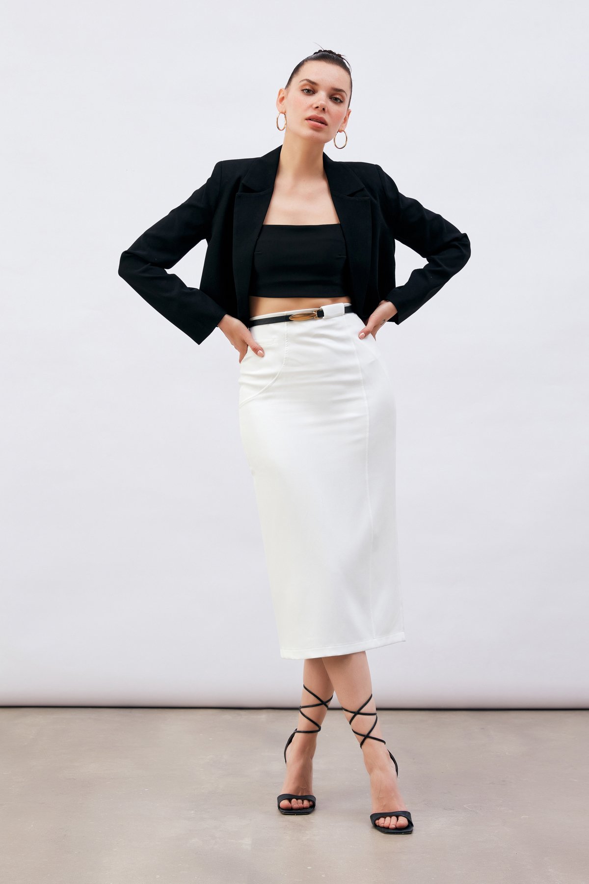 Kemerli Midi Boy Kalem Etek - EKRU