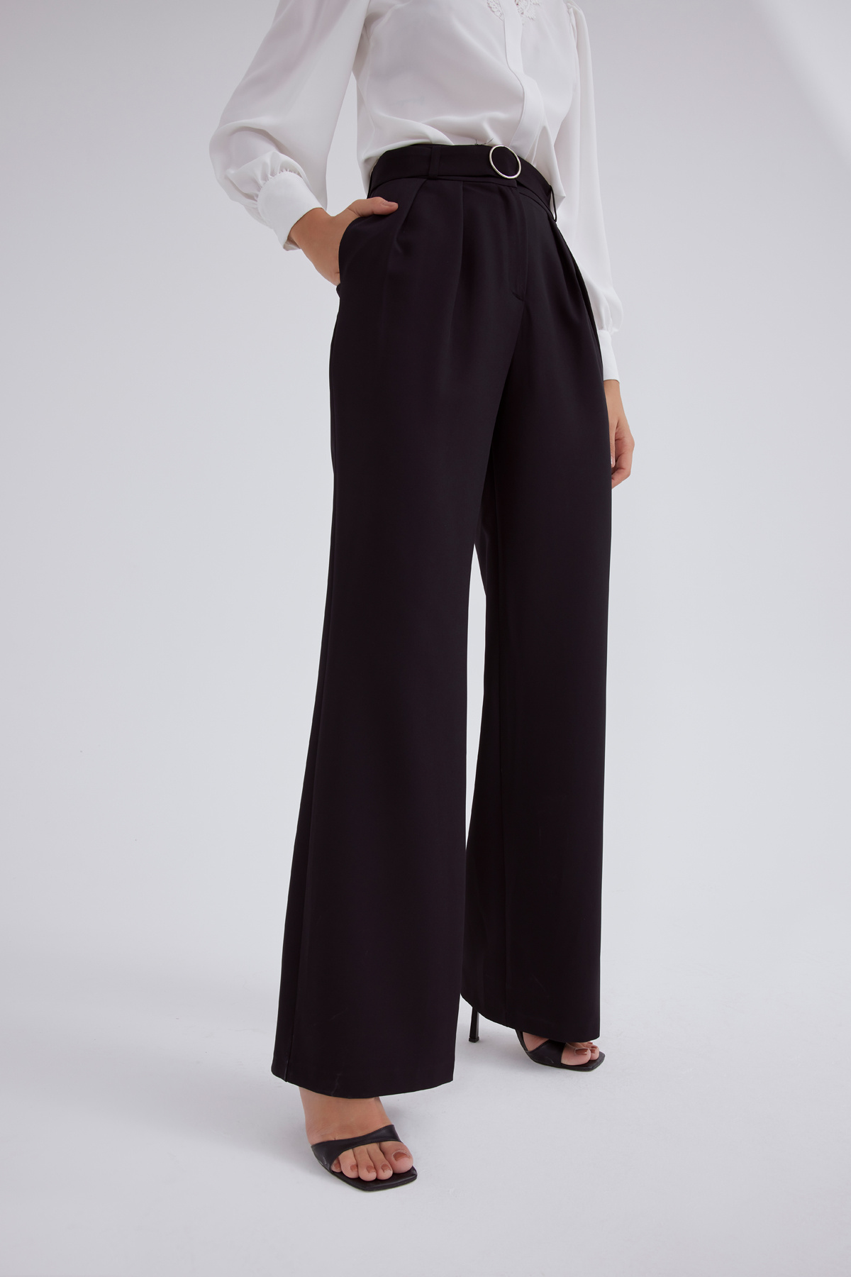 Kemerli palazzo pantolon - SİYAH
