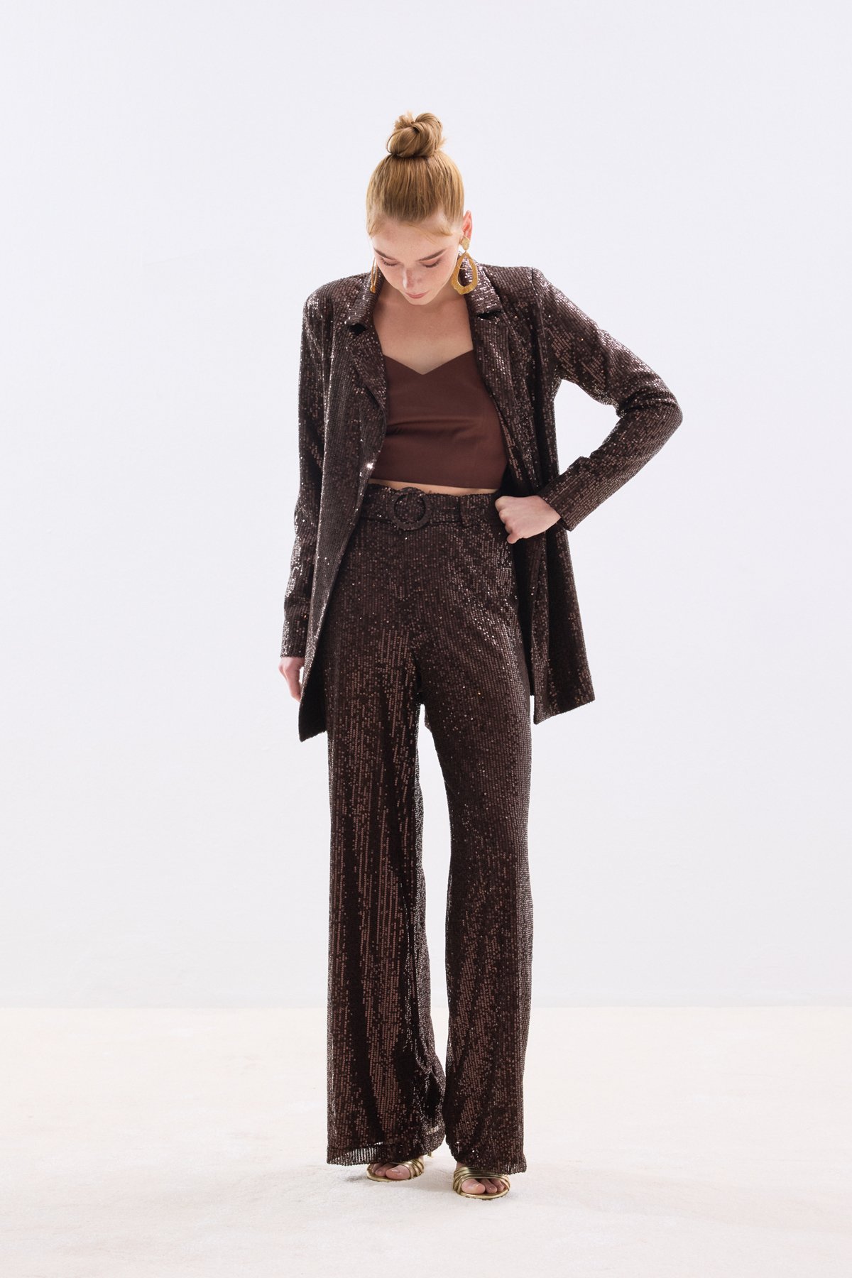Kemerli Payet Pantolon - Kahve