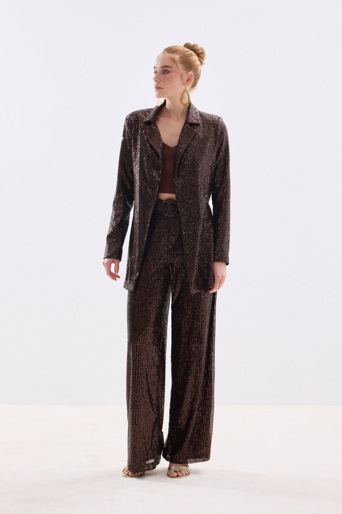 Kemerli Payet Pantolon - Kahve