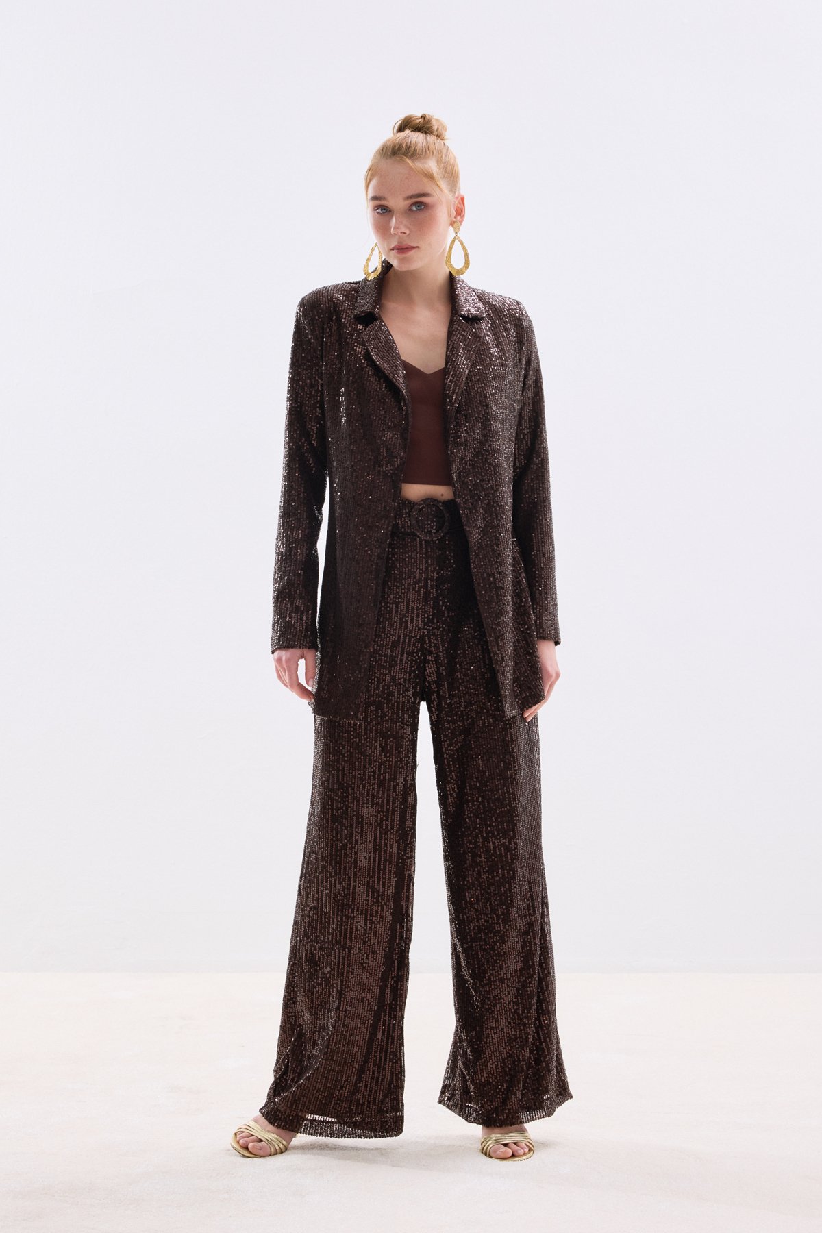 Kemerli Payet Pantolon - Kahve