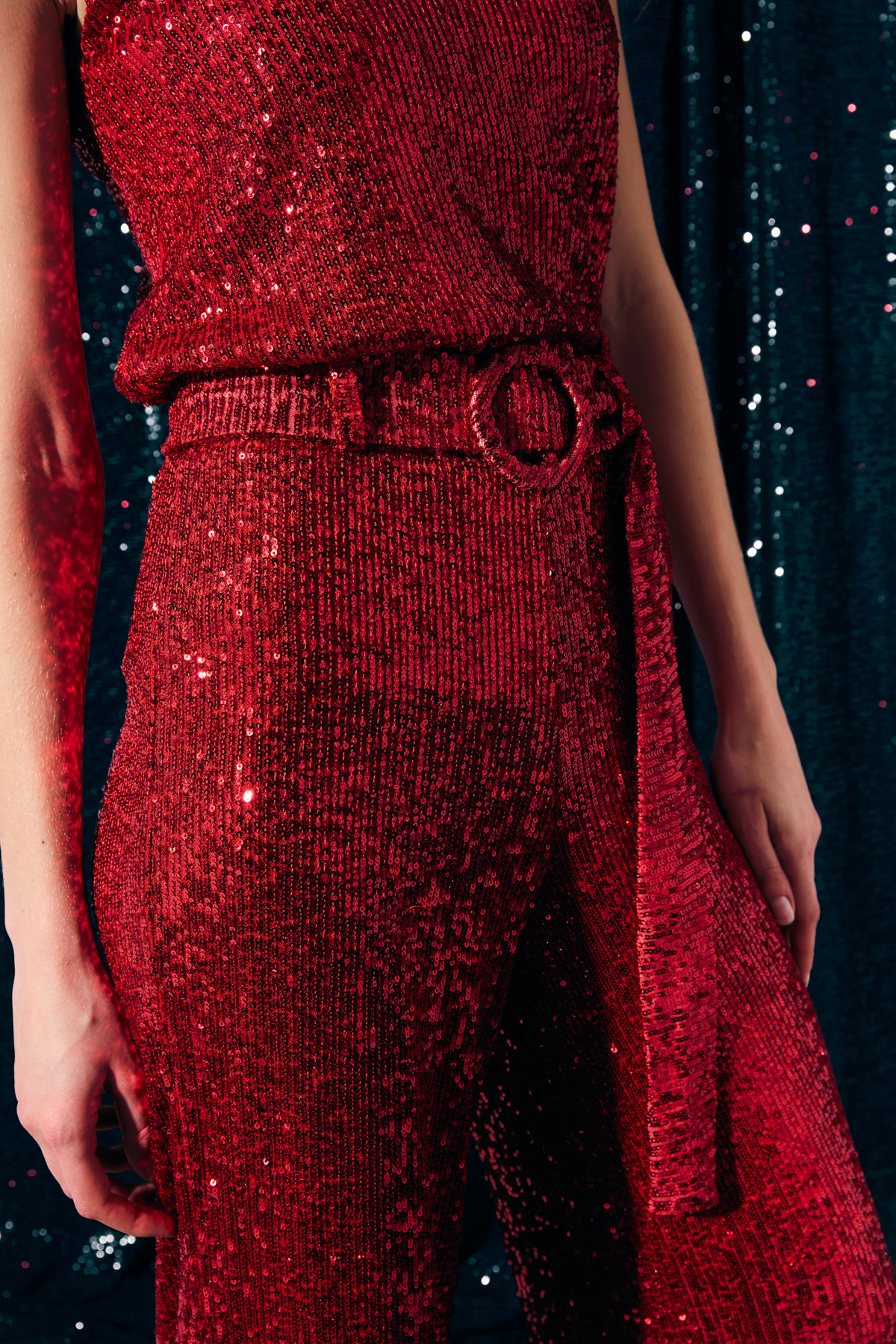 Kemerli Payet Pantolon - KIRMIZI