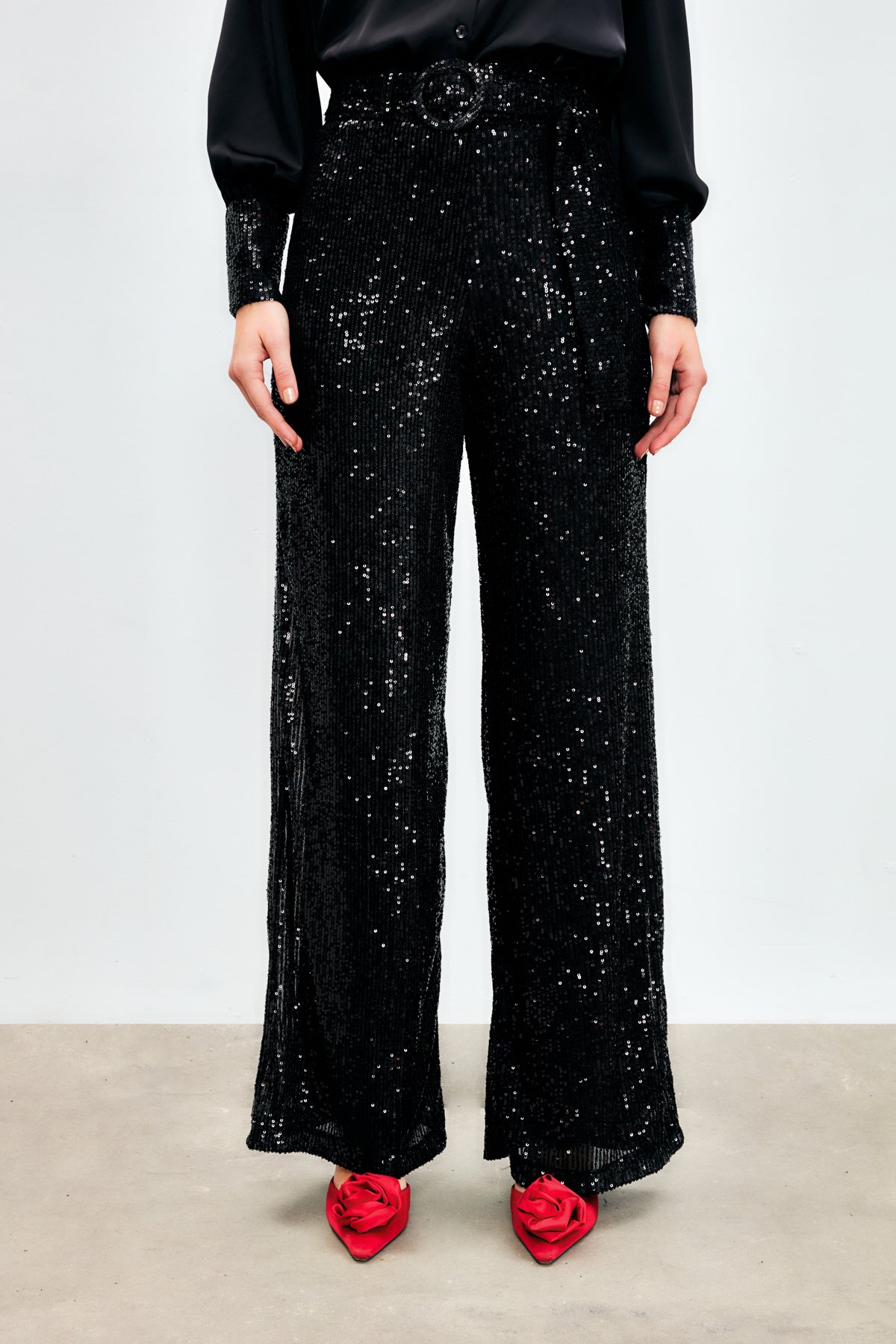 Belted Sequin Trousers - BLACK