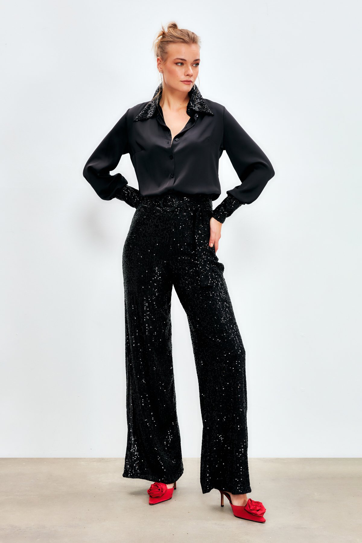 Belted Sequin Trousers - BLACK