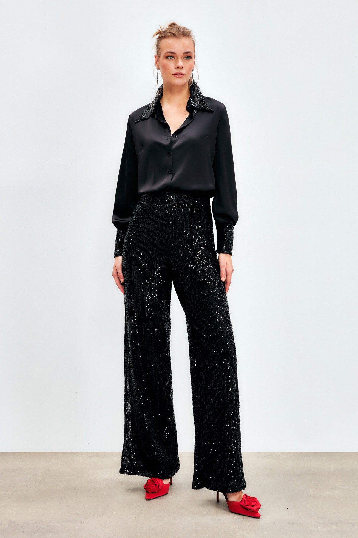 Belted Sequin Trousers - BLACK