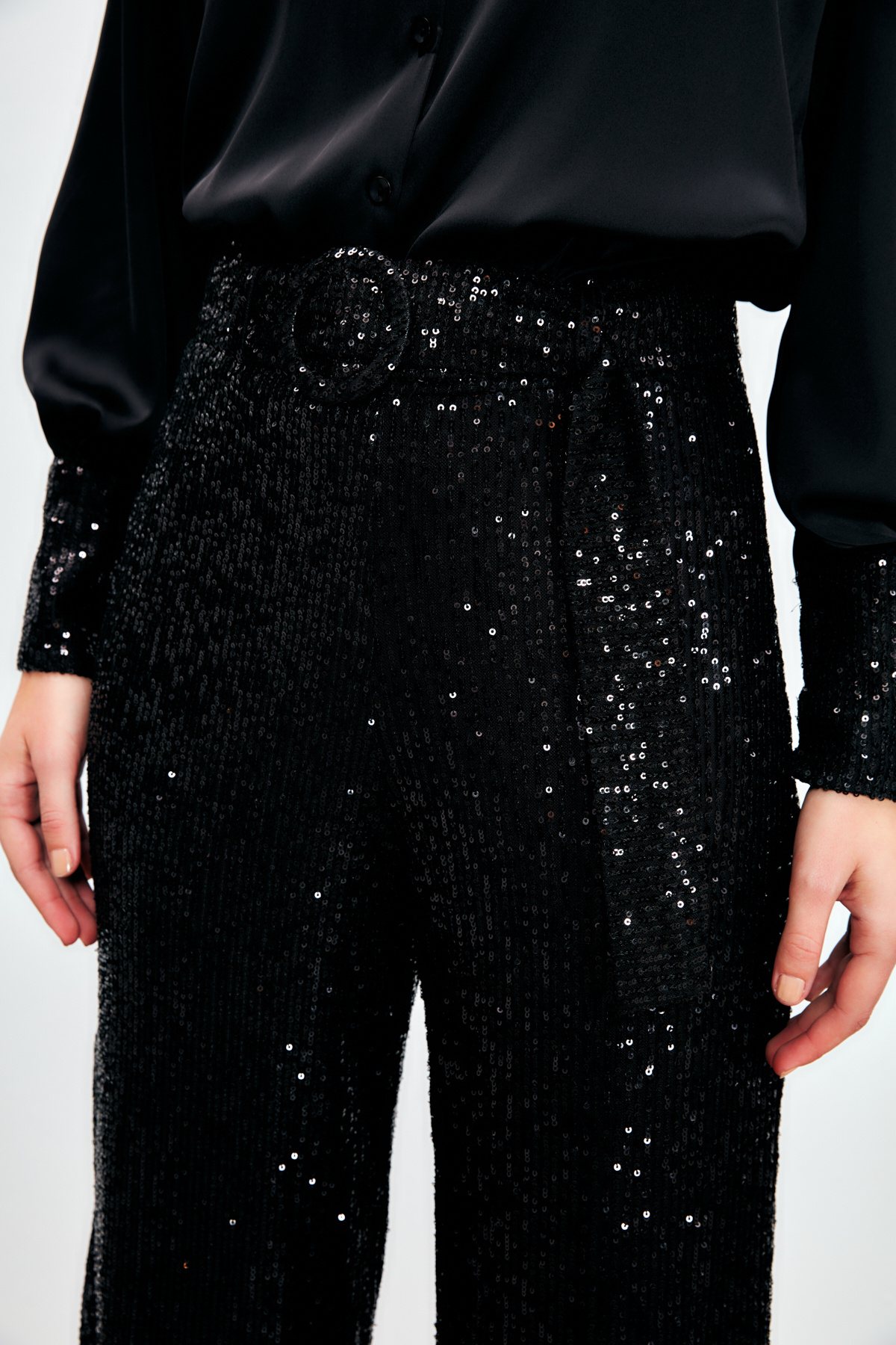 Belted Sequin Trousers - BLACK