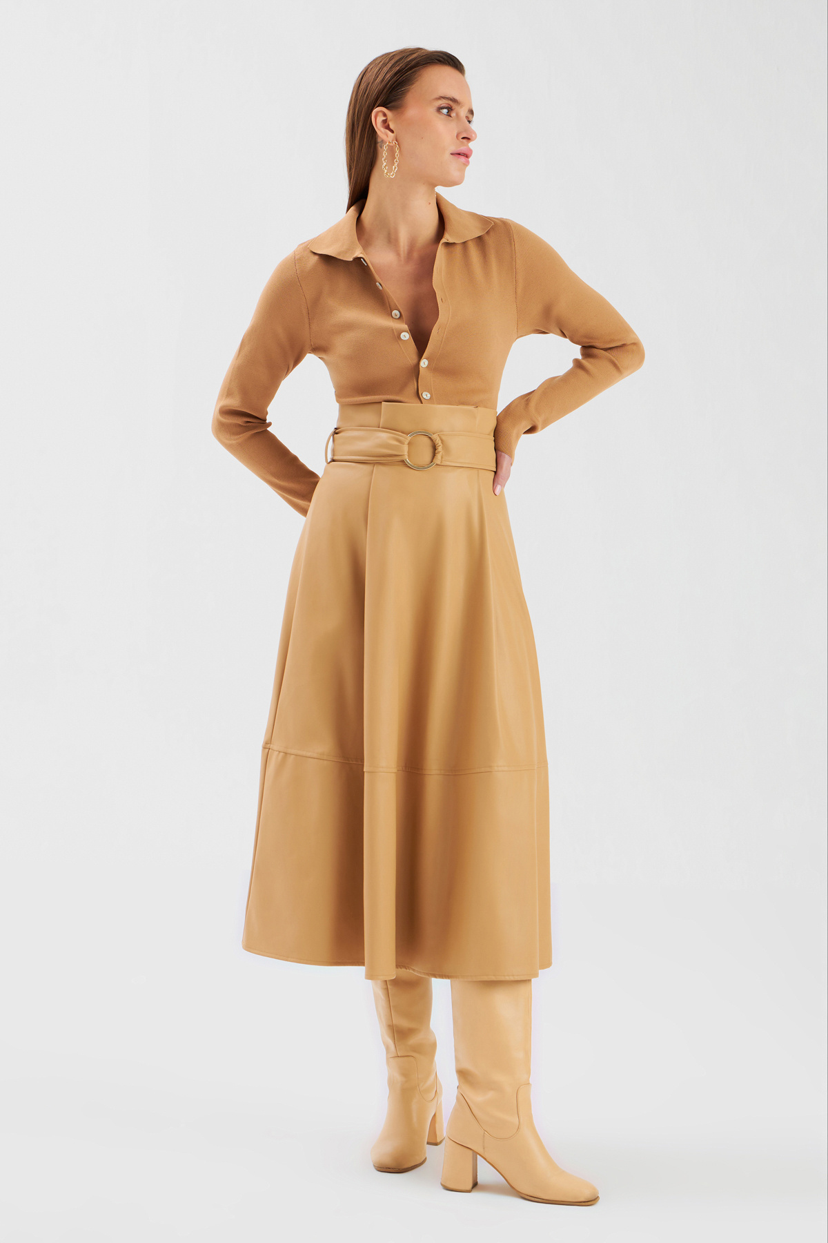 Kemerli Salaş Deri Etek - BEJ