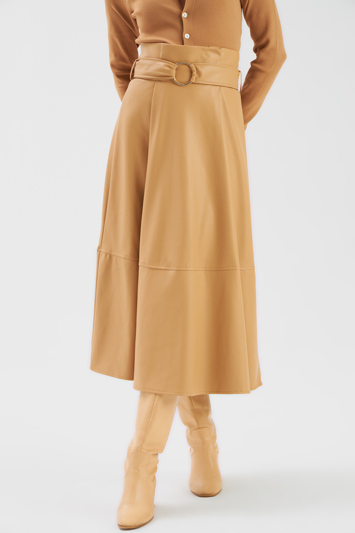 Kemerli Salaş Deri Etek - BEJ