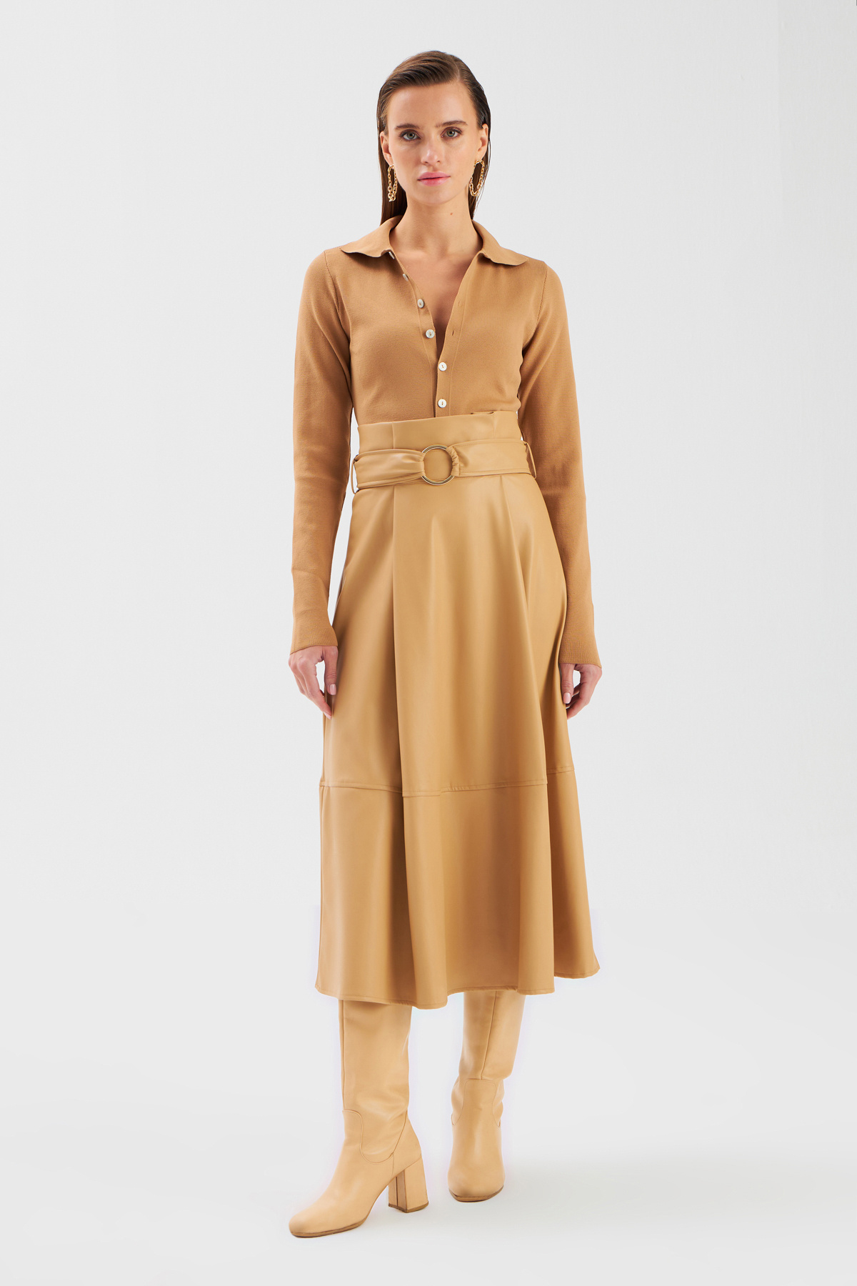 Kemerli Salaş Deri Etek - BEJ