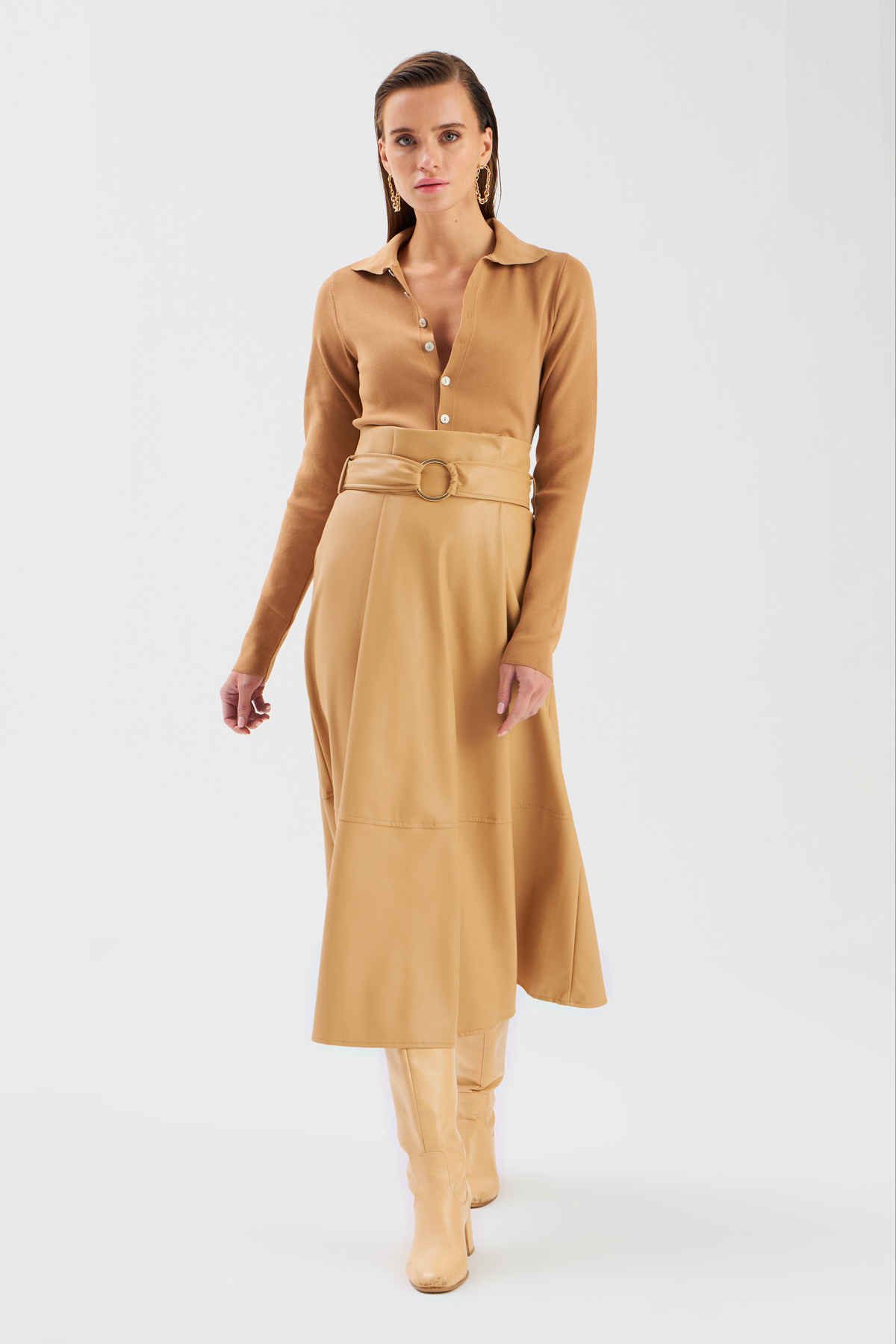 Kemerli Salaş Deri Etek - BEJ