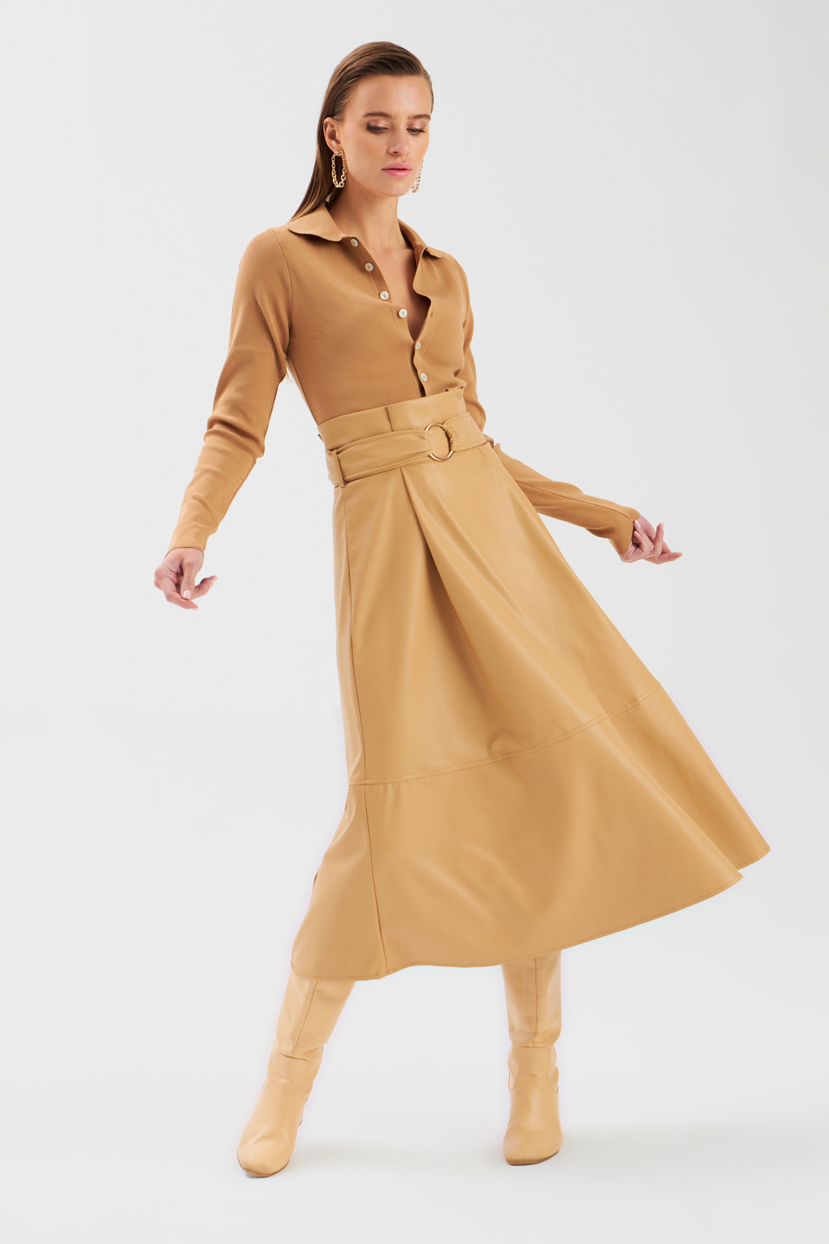 Kemerli Salaş Deri Etek - BEJ