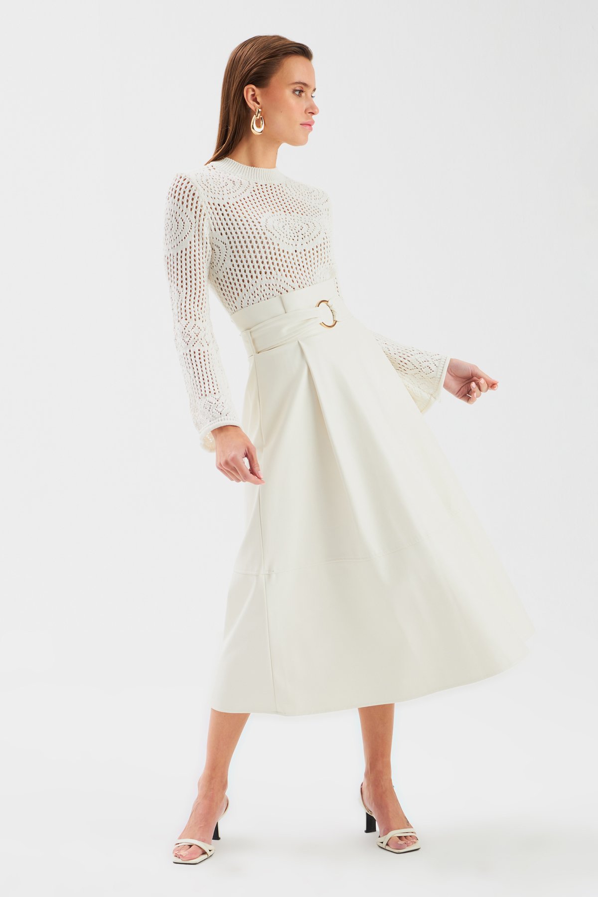 Kemerli Salaş Deri Etek - EKRU