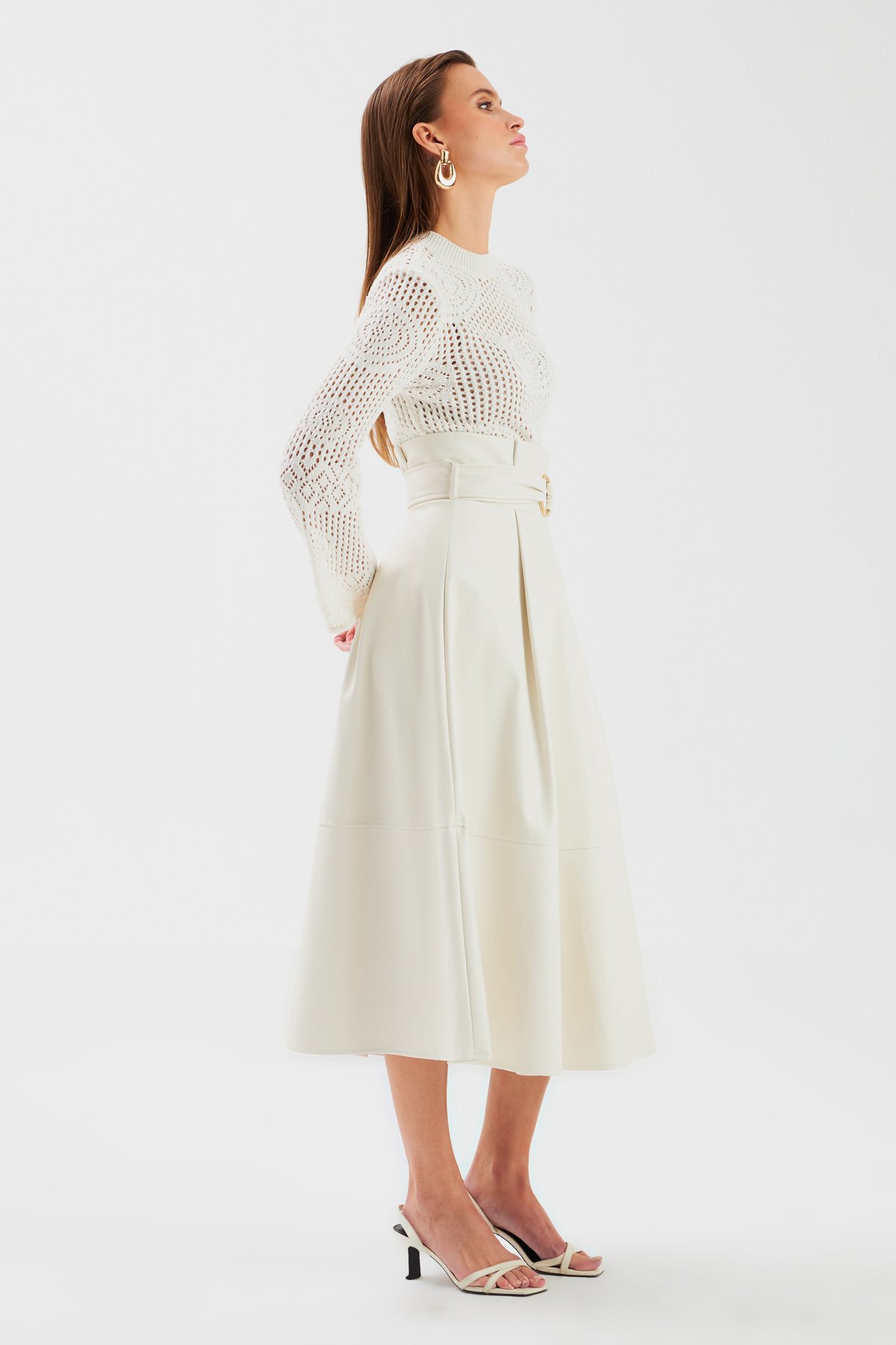 Kemerli Salaş Deri Etek - EKRU