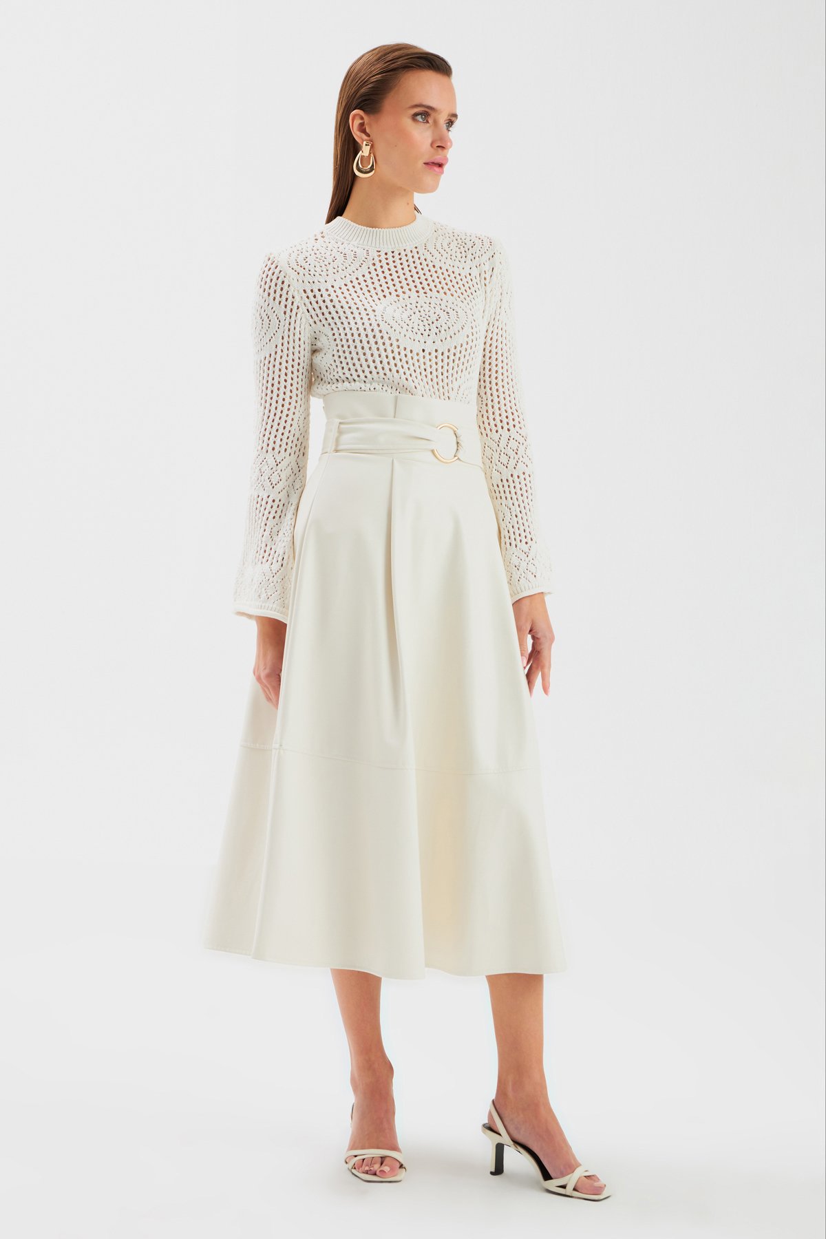 Kemerli Salaş Deri Etek - EKRU