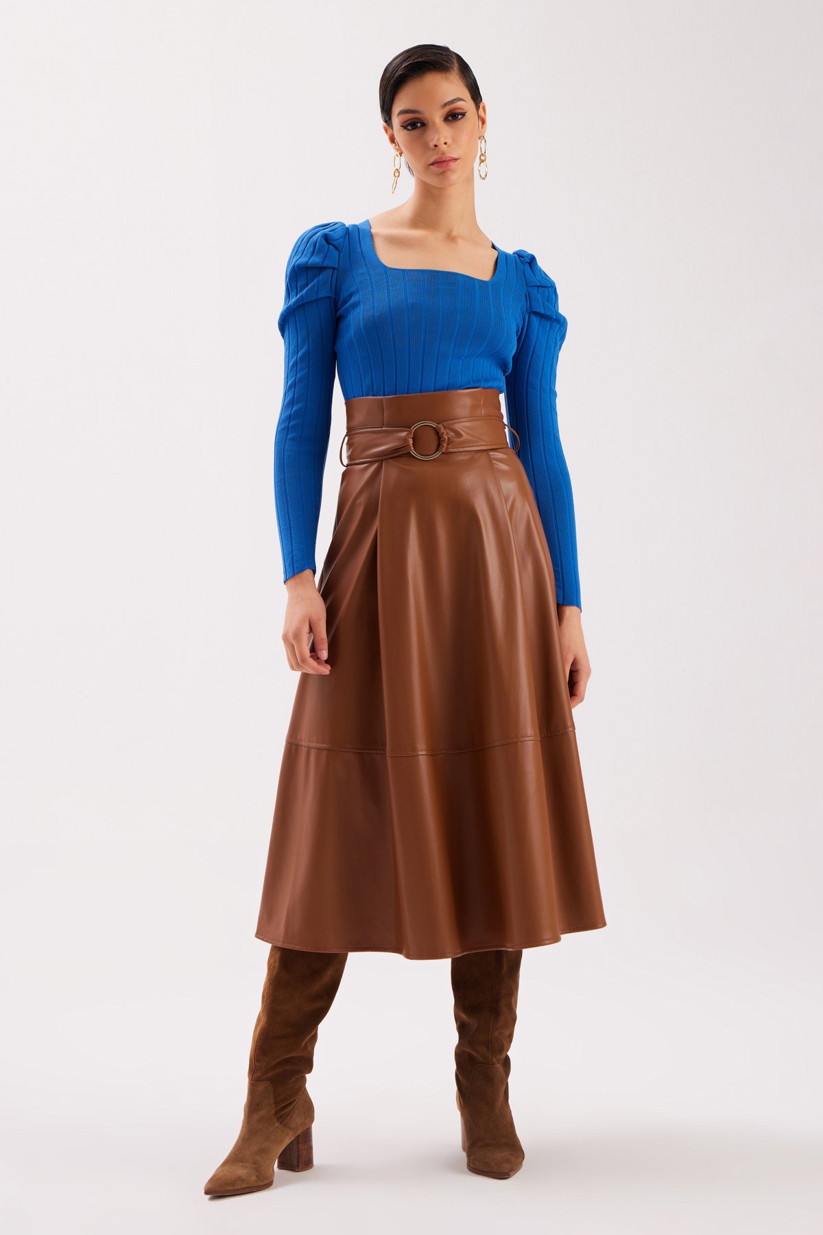 Kemerli Salaş Deri Etek - KAHVE